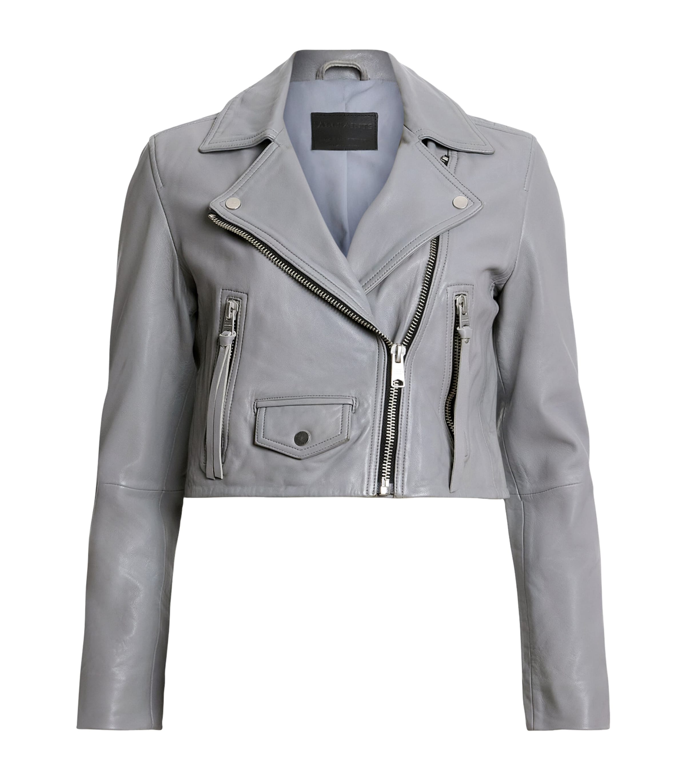 Allsaints Elora Cropped Slim Leather Biker Jacket In Grey