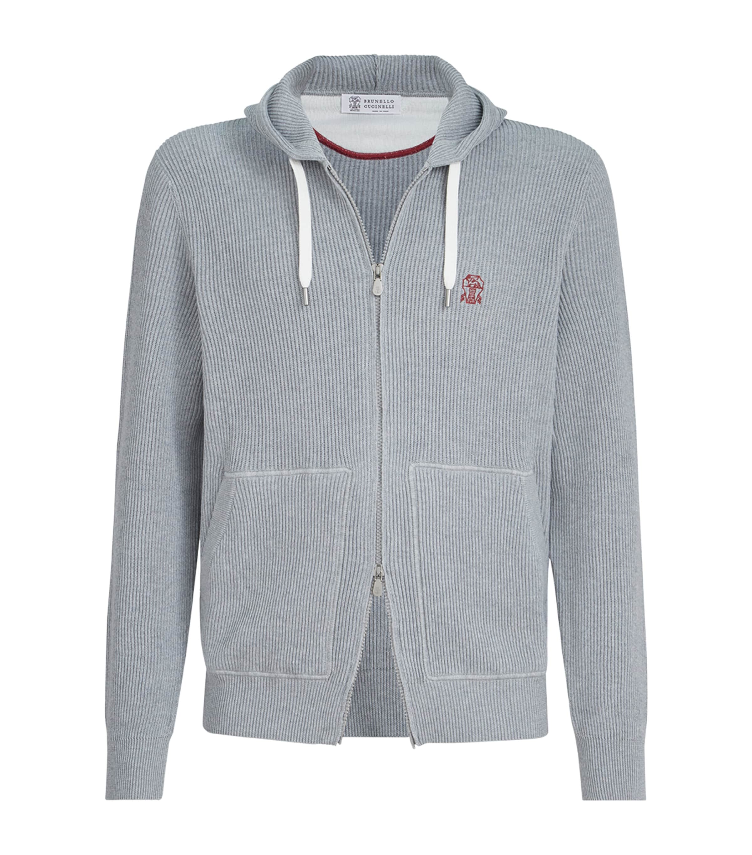 Brunello Cucinelli Grey Cotton Ribbed Zip-Up Hoodie | Harrods US
