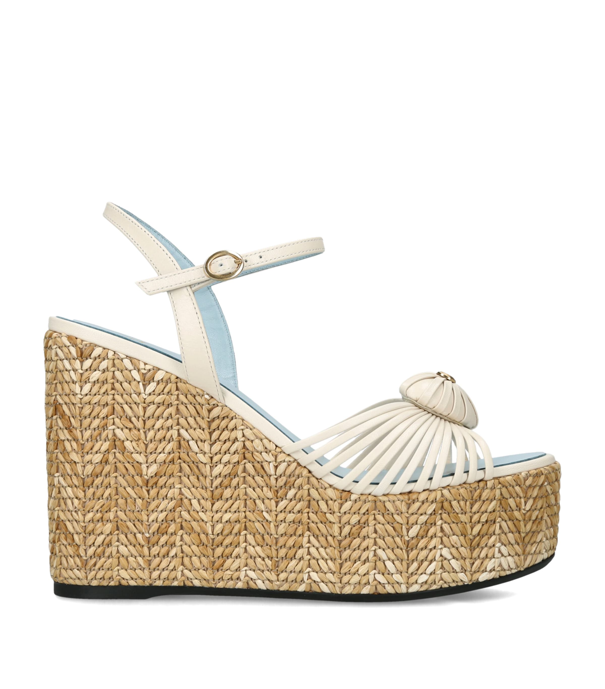 Valentino Garavani Leather Coeur Royal Wedge Sandals 110 Cream Comb