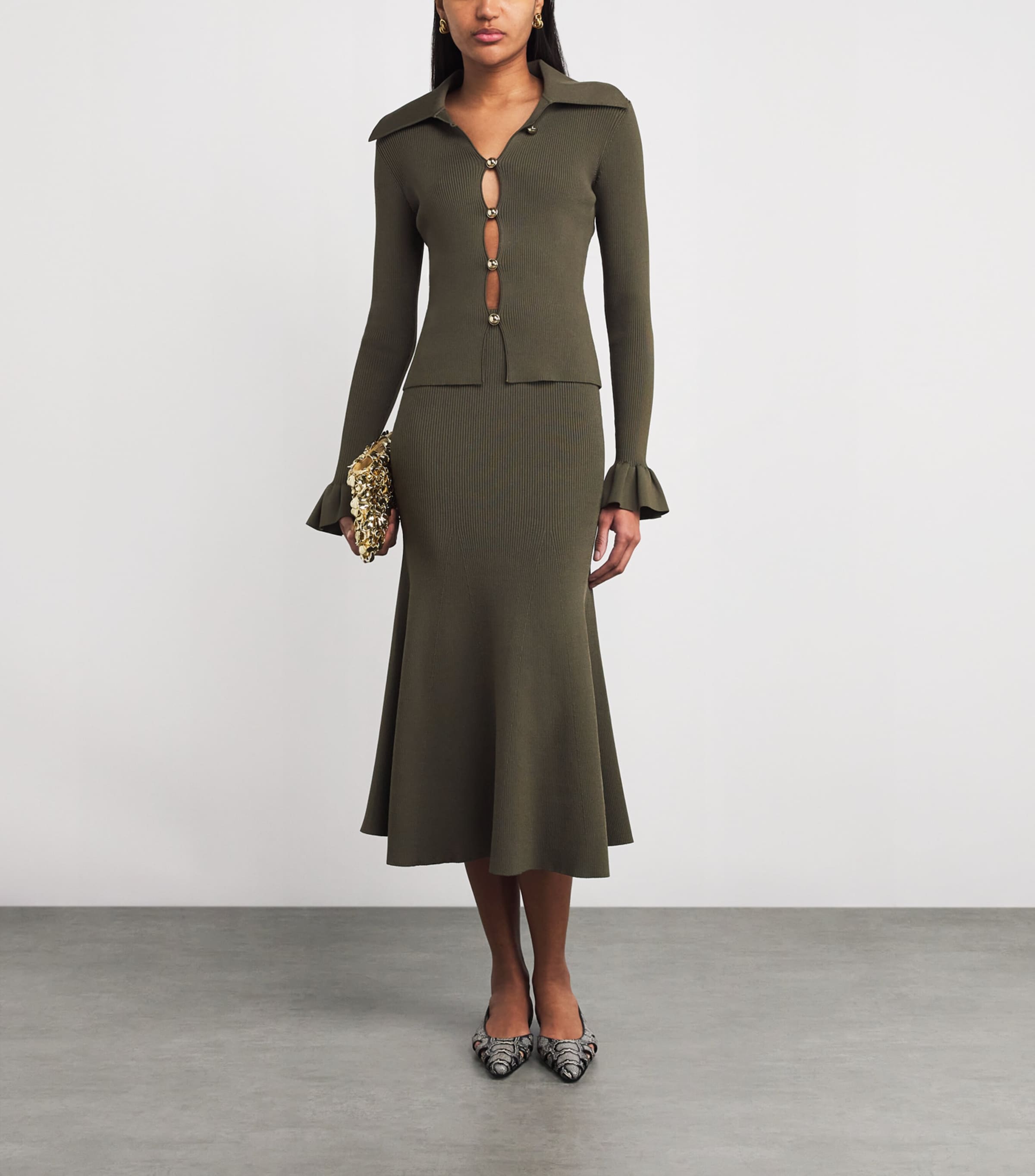 Rib-Knit Midi Skirt GREEN Image 2