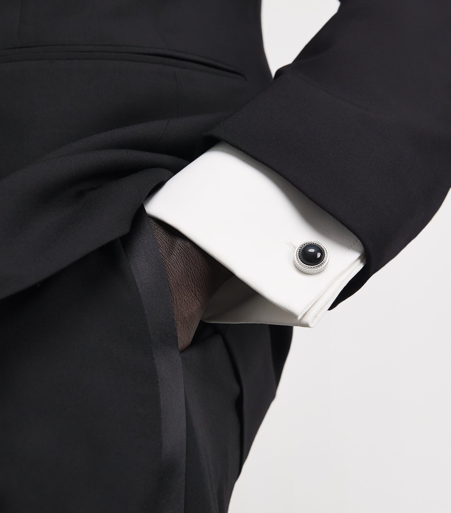 Sterling Silver and Onyx Herringbone Cufflinks and Studs Set BLUE Image 2