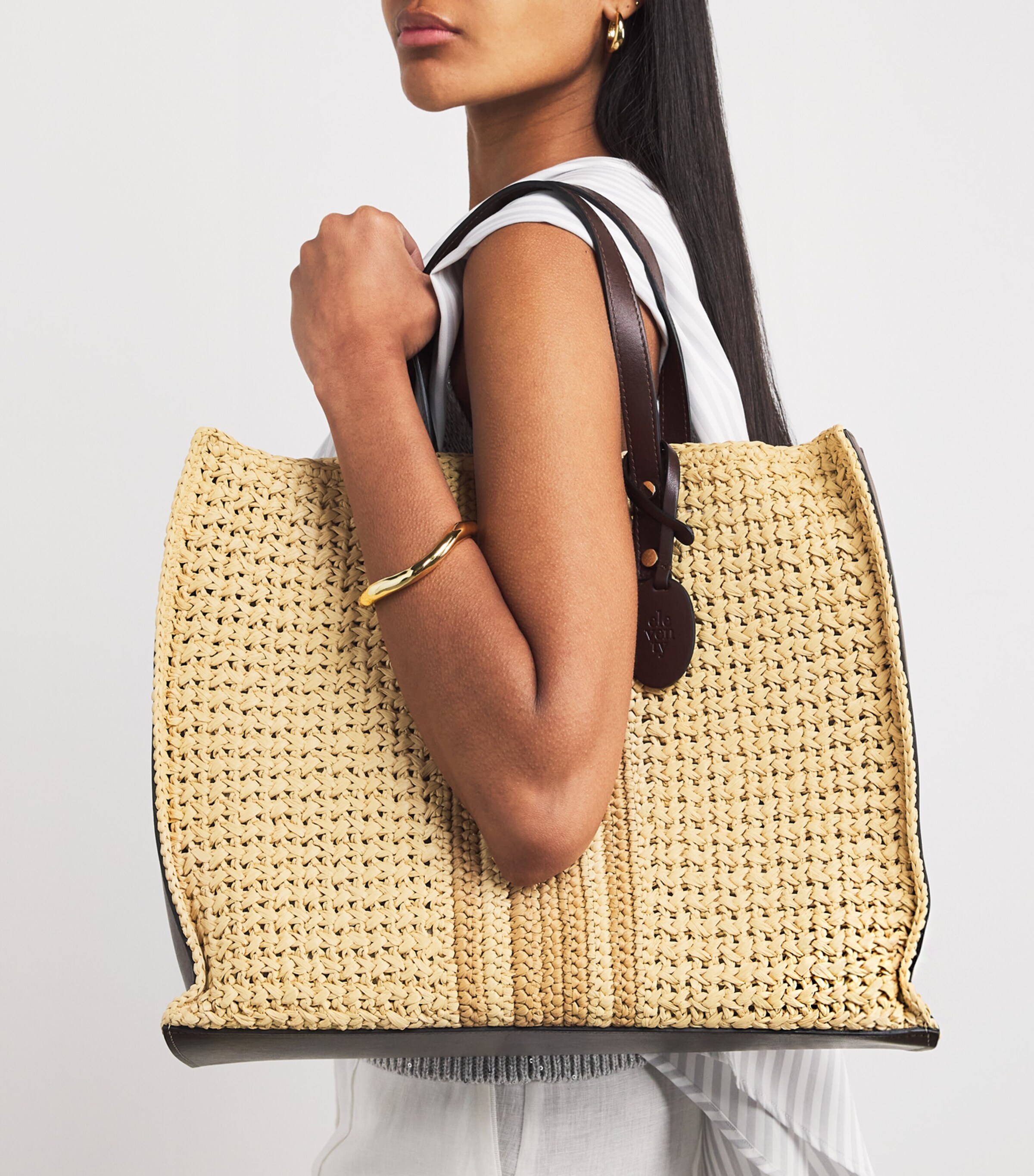 Eleventy Raffia-Leather Two-Tone Tote Bag Avorio Image 2