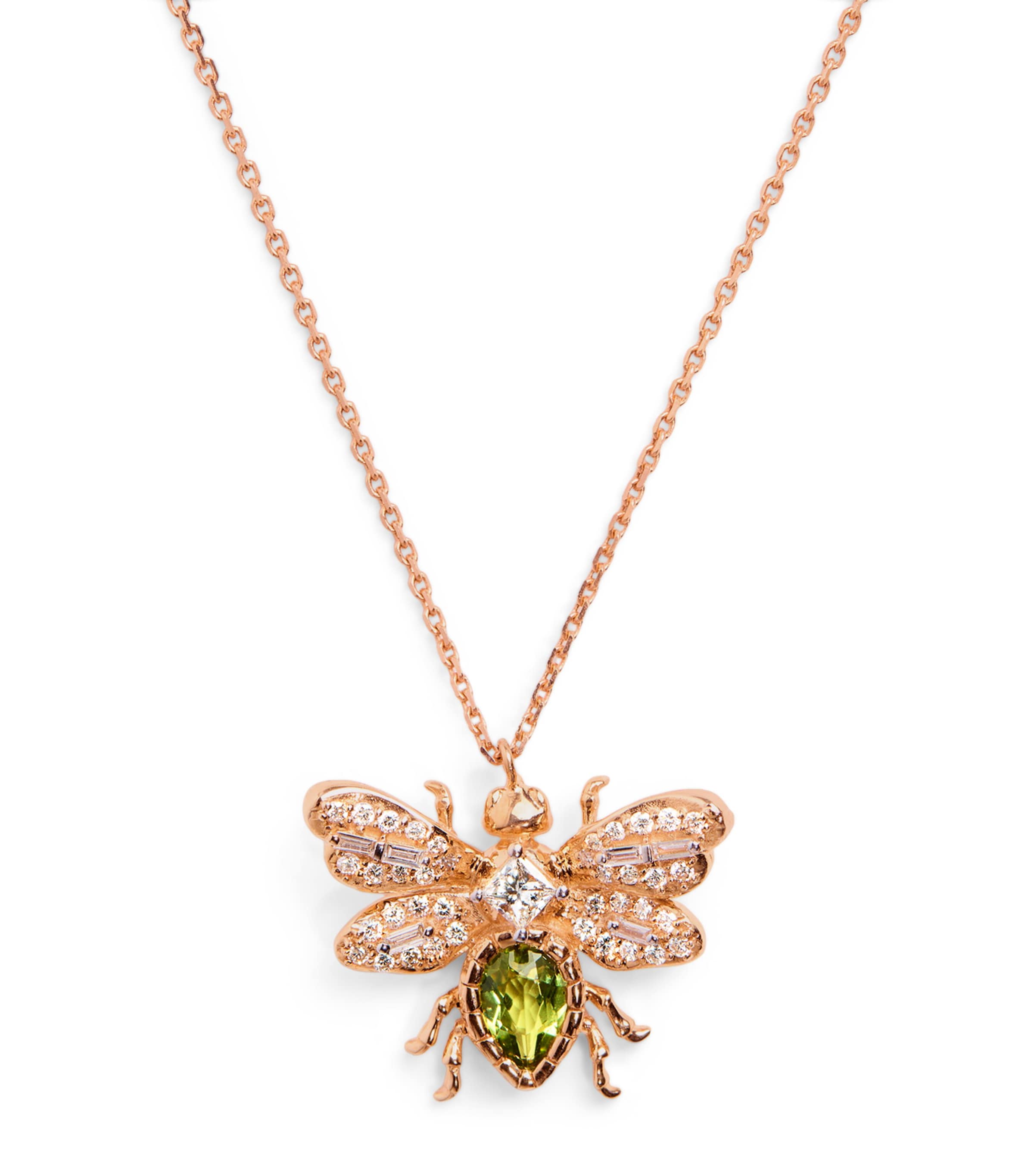 Bee Goddess Rose Gold, Diamond And Peridot Honey Bee Necklace In Rose Gold