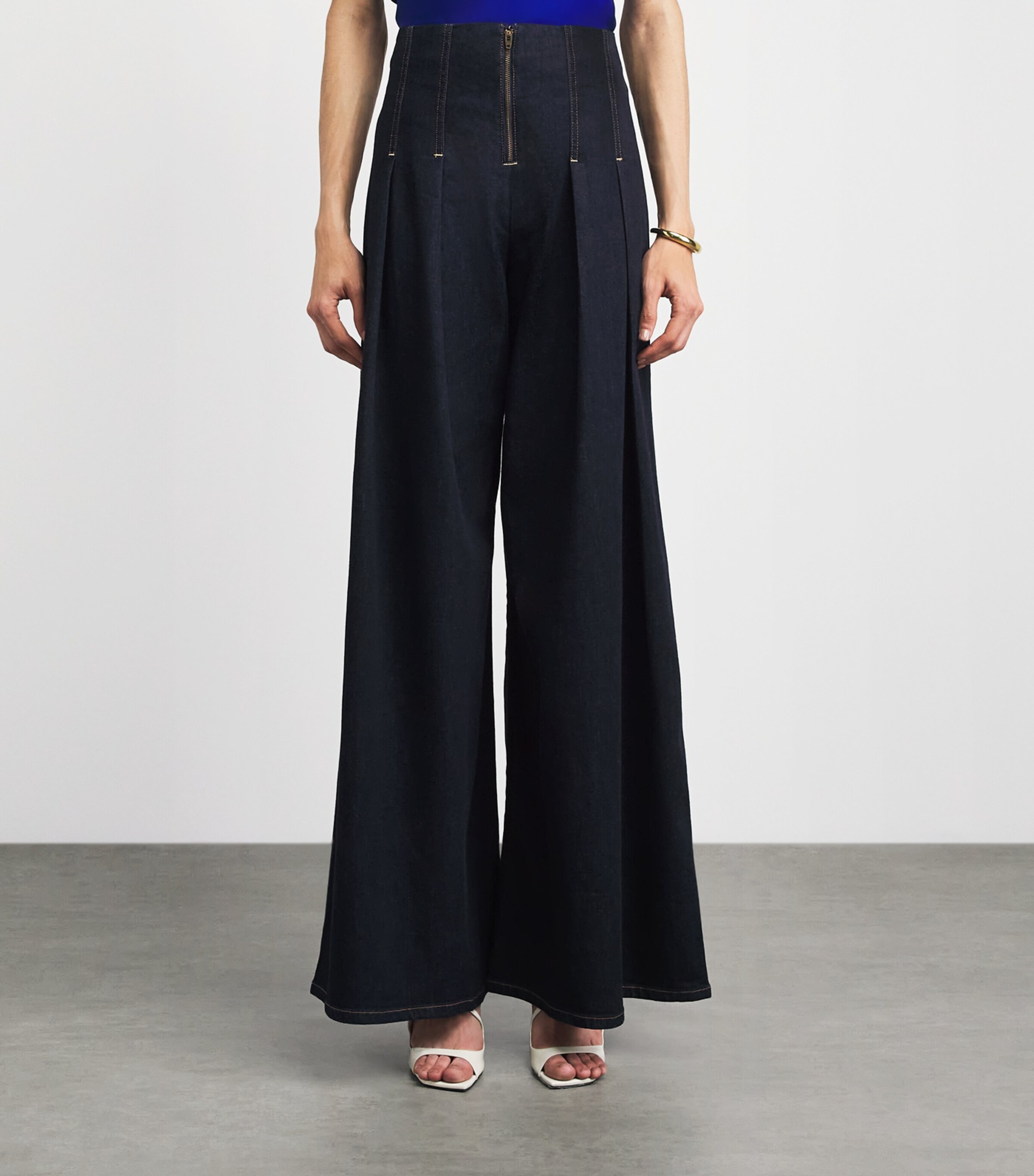Alice+Olivia Womens Denim Pleated Henry Wide-Leg Trousers Dark Rinse Image 4