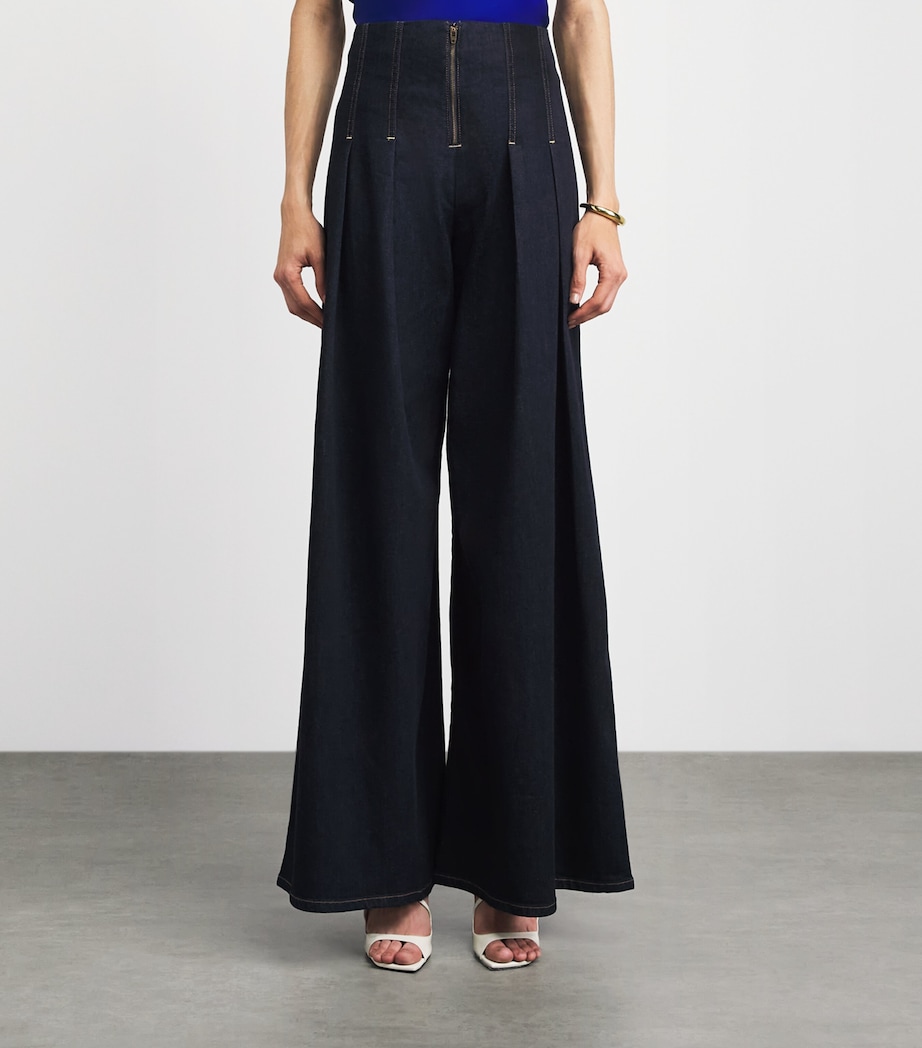 Alice+Olivia Womens Denim Pleated Henry Wide-Leg Trousers Dark Rinse Image 4