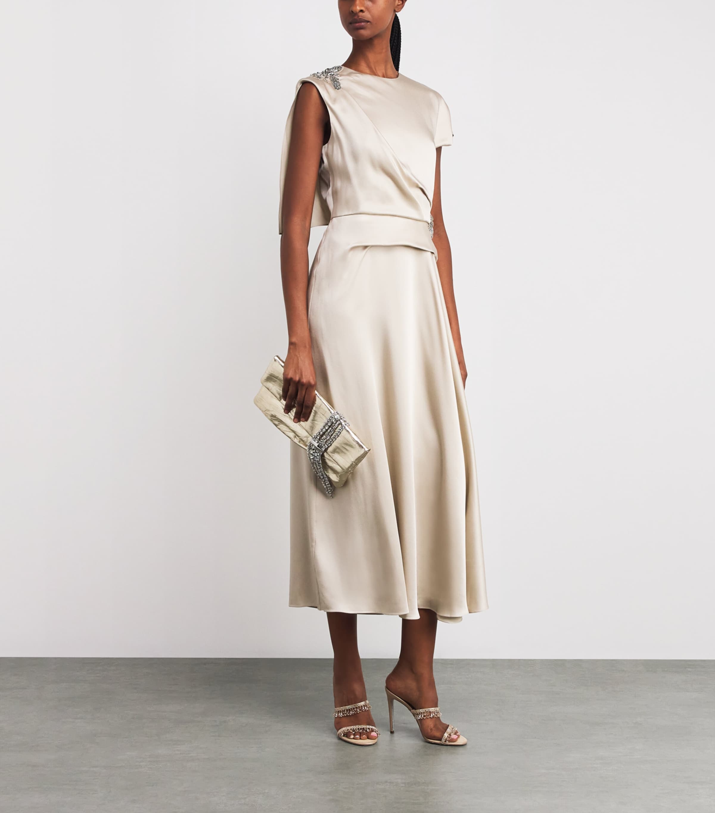 Satin Cady Embellished Draped Midi Dress CHAMPAGNE Image 2