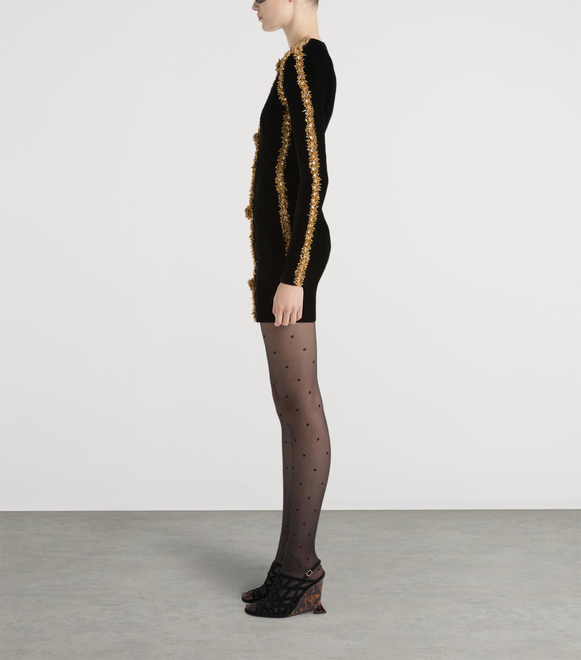 Balmain Womens Velvet Beaded-Trim Mini Dress Ead Noir Or Image 4