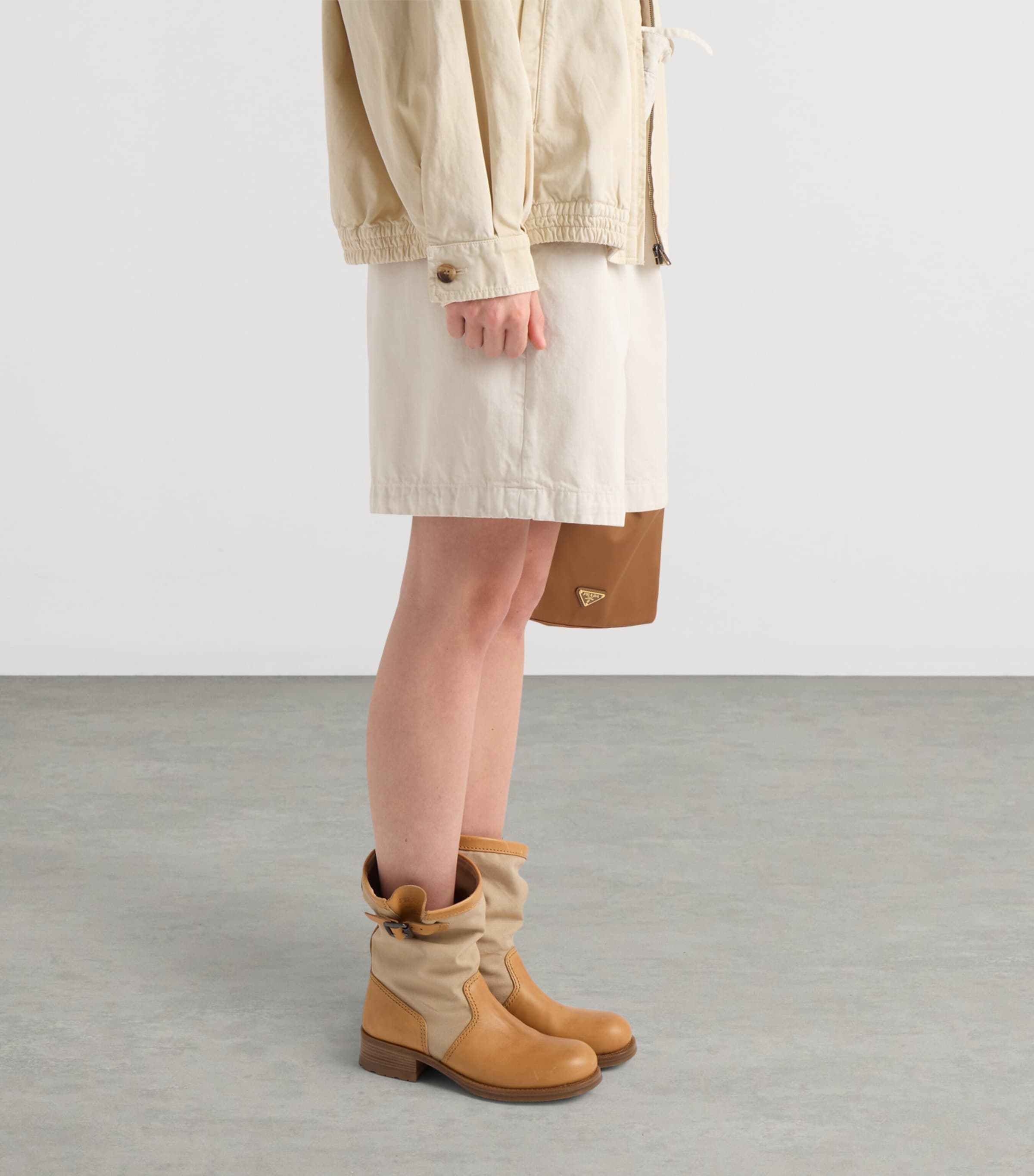 Prada Leather-Canvas Mid-Calf Boots 30 Neutral Image 2