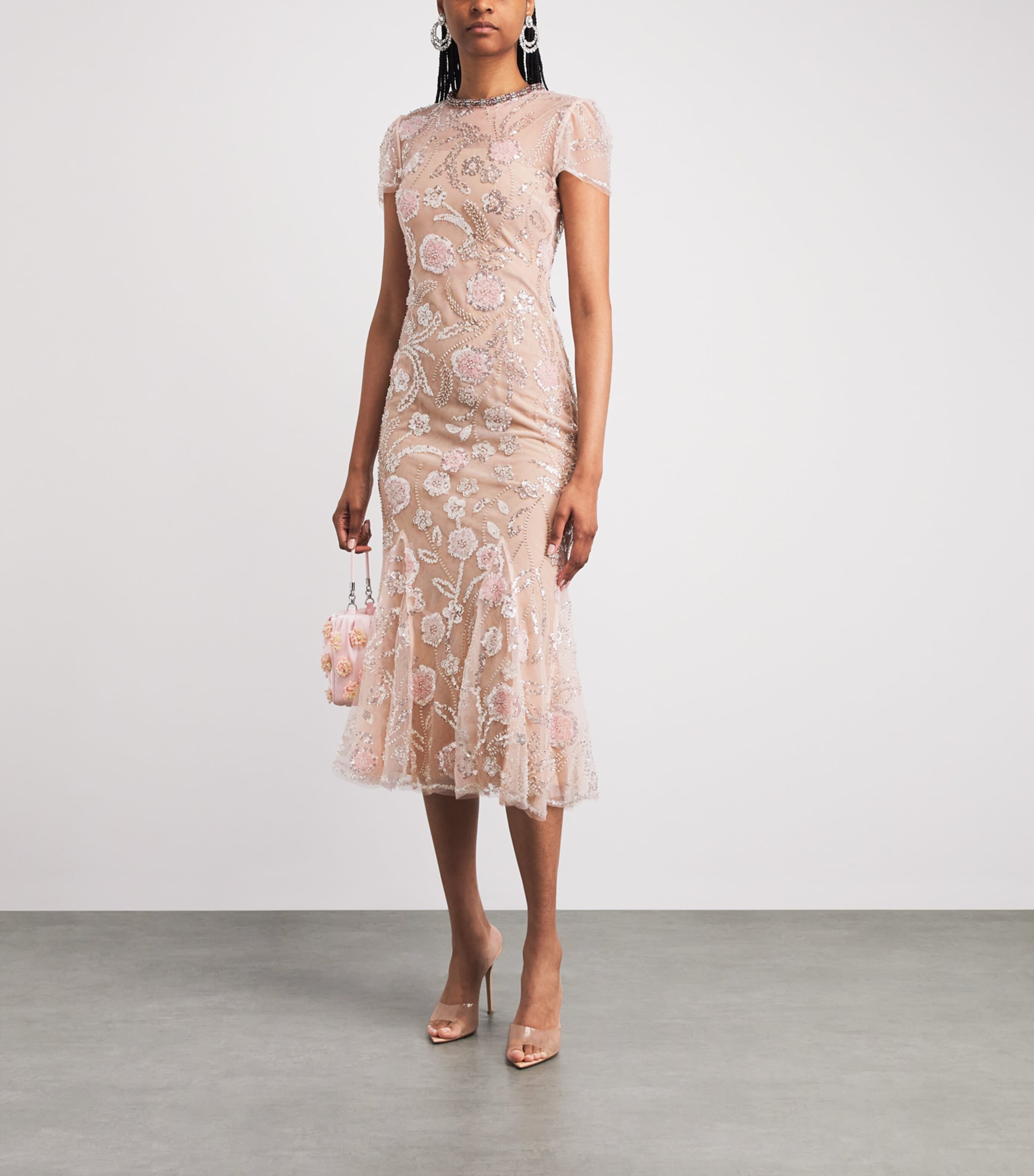 Self-Portrait Womens Sequinned Flower Midi Dress Pink Image 2