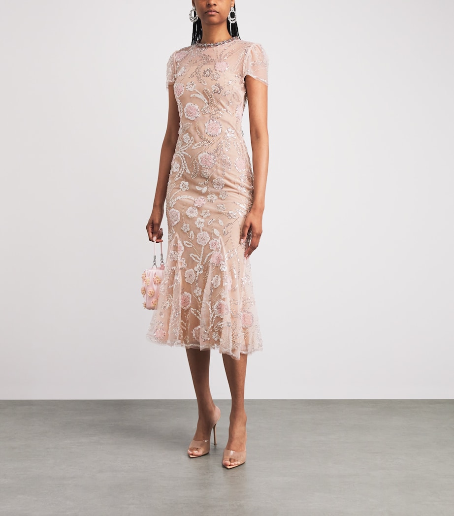 Self-Portrait Womens Sequinned Flower Midi Dress Pink Image 2