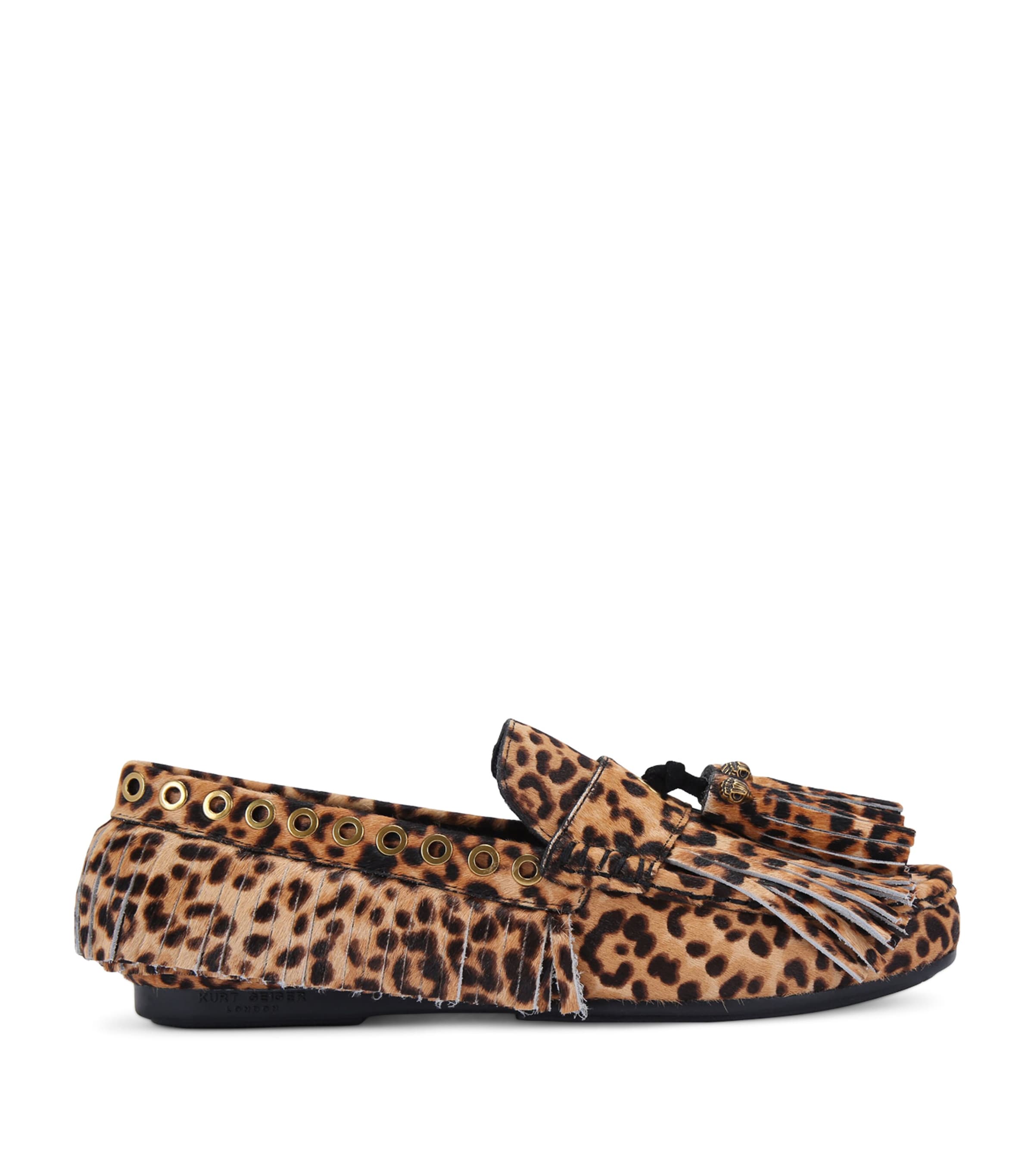 KURT GEIGER LEATHER LEOPARD FRINGE MOCCASINS 