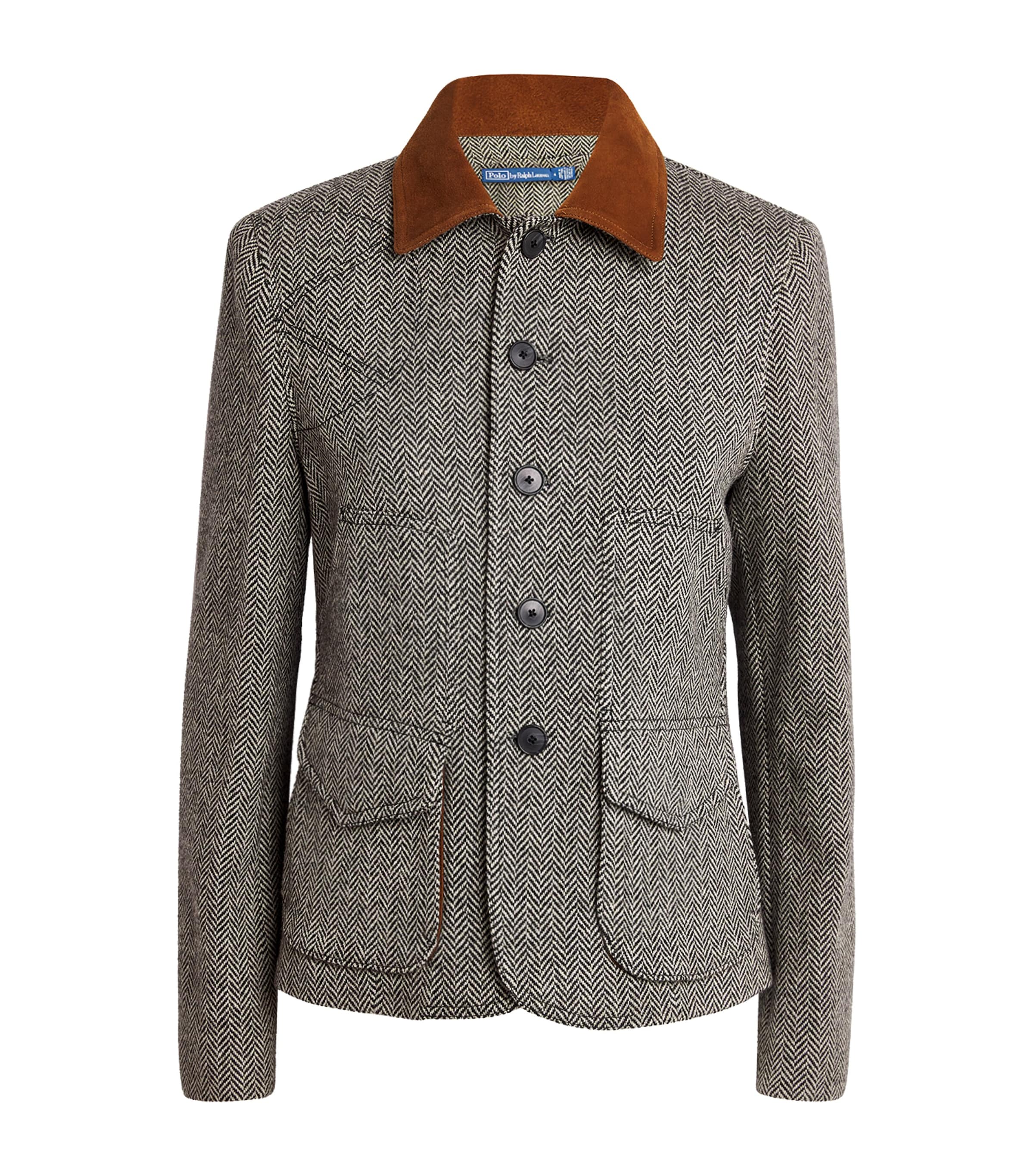 Polo Ralph Lauren Wool-blend Herringbone Suede-trim Jacket In Gray