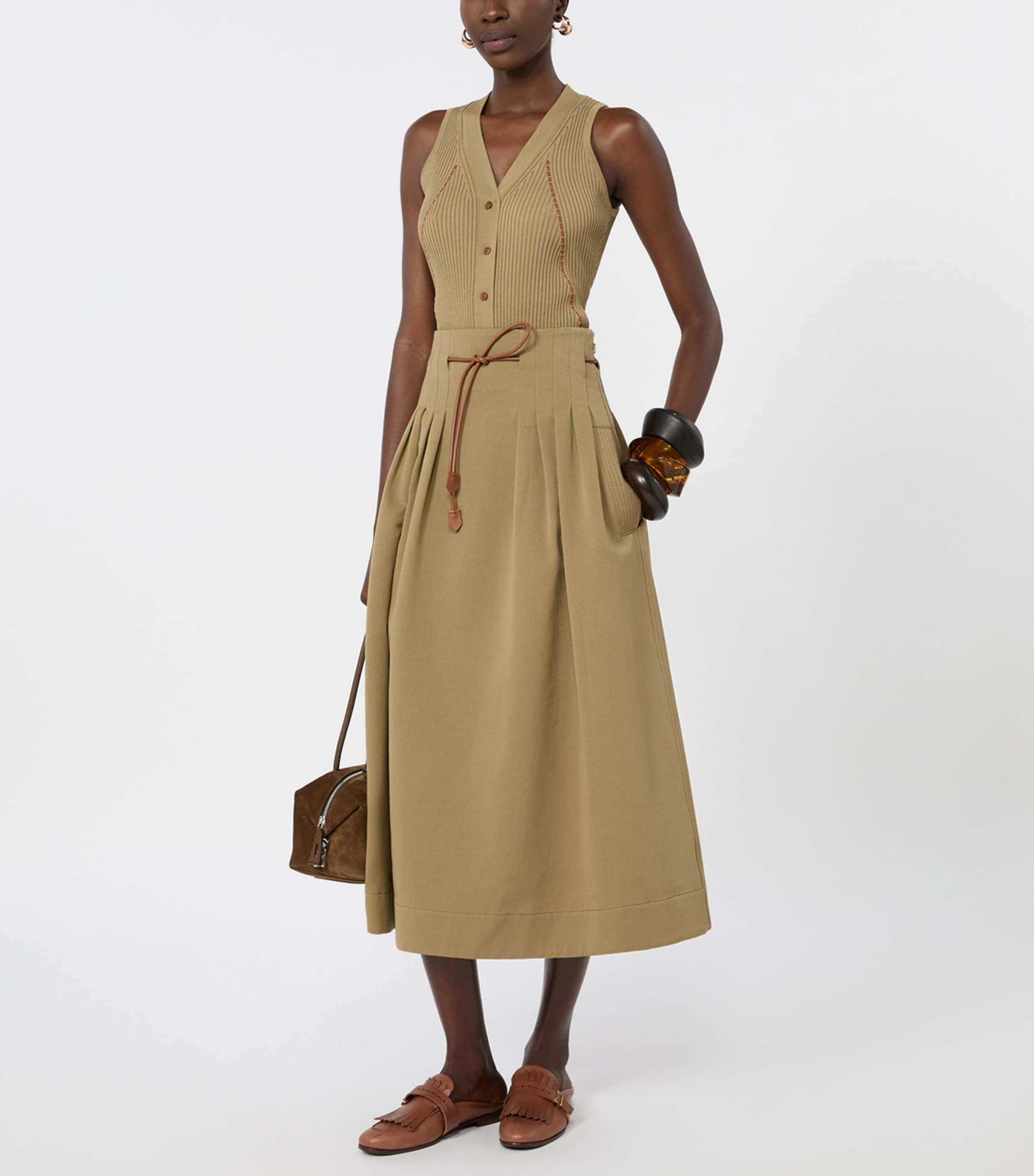 Max Mara Womens Knitted Contrast-Trim Waistcoat Kaki Image 2