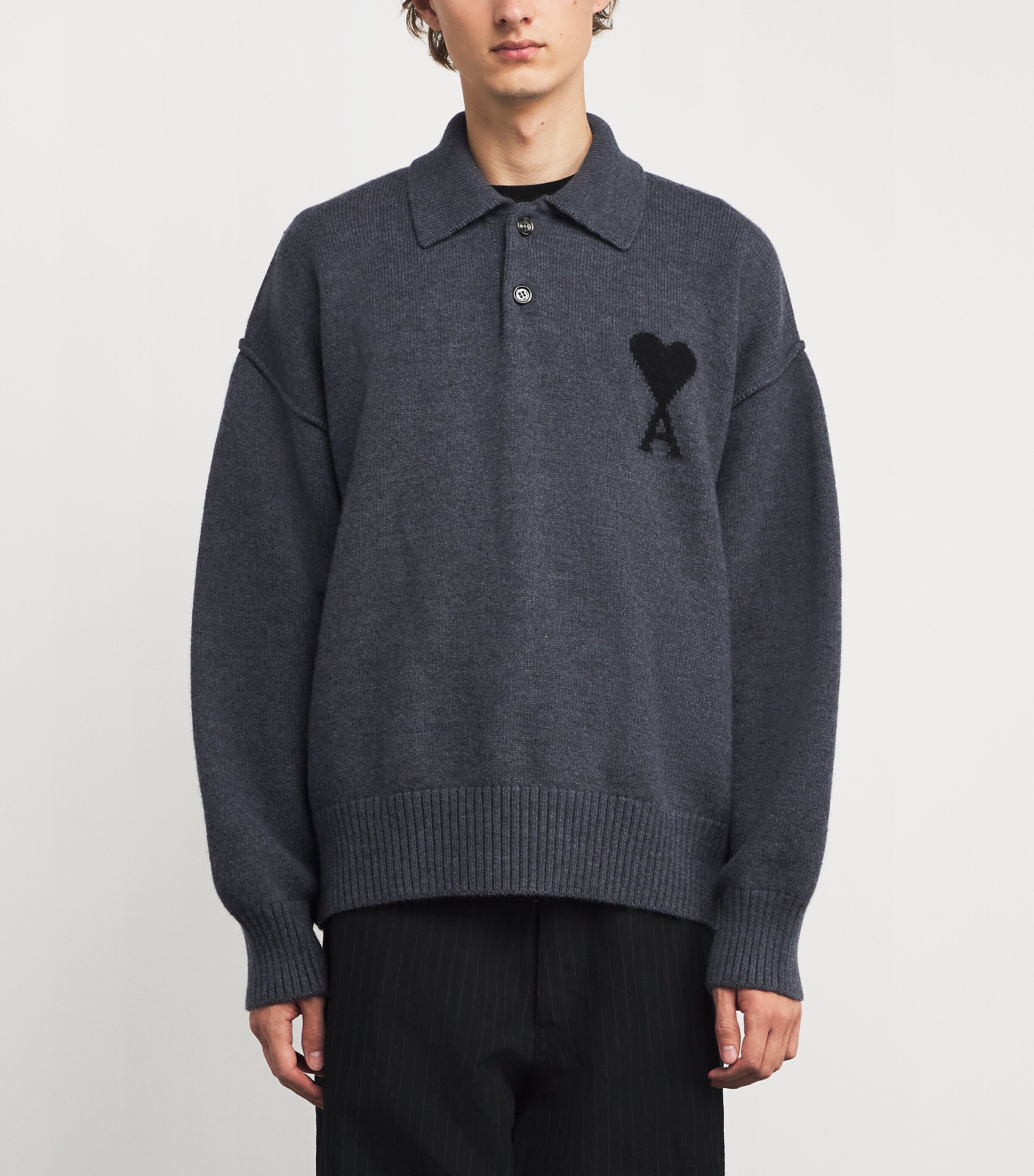 Wool Ami de Coeur Polo Sweater 0504 - GRIS CHINE/ NOIR Image 3