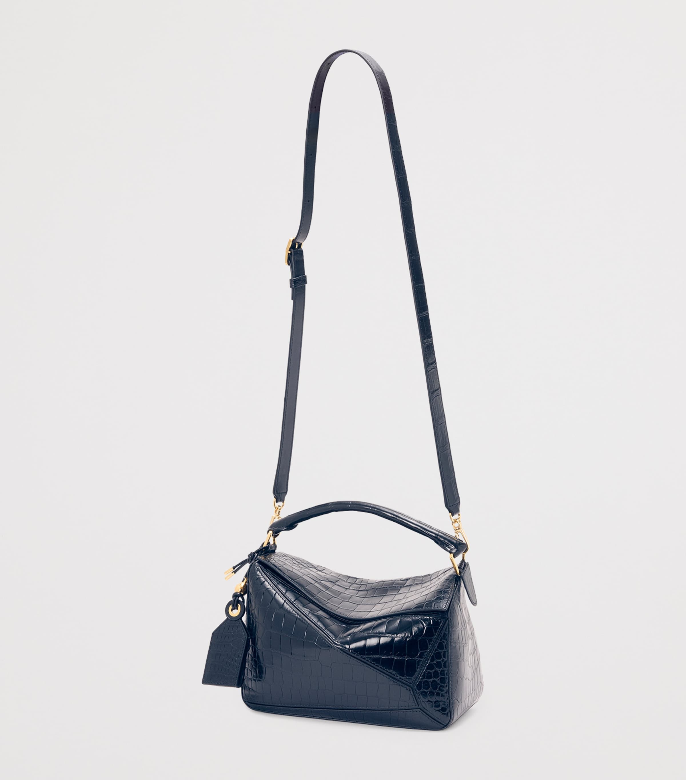 Small Crocodile Skin Puzzle Top-Handle Bag NAVY Image 7