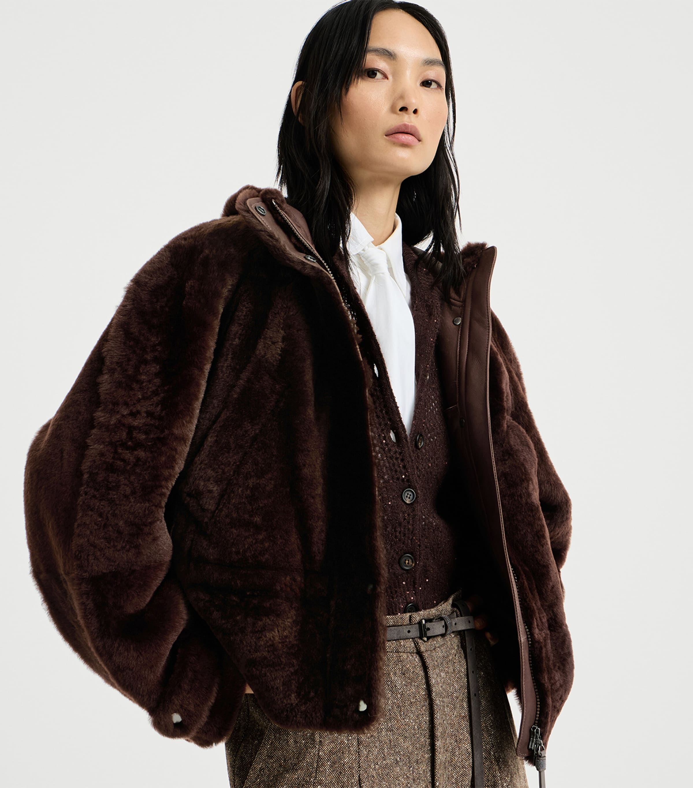 Brunello Cucinelli Womens Shearling Fur Jacket Gianduia Image 4