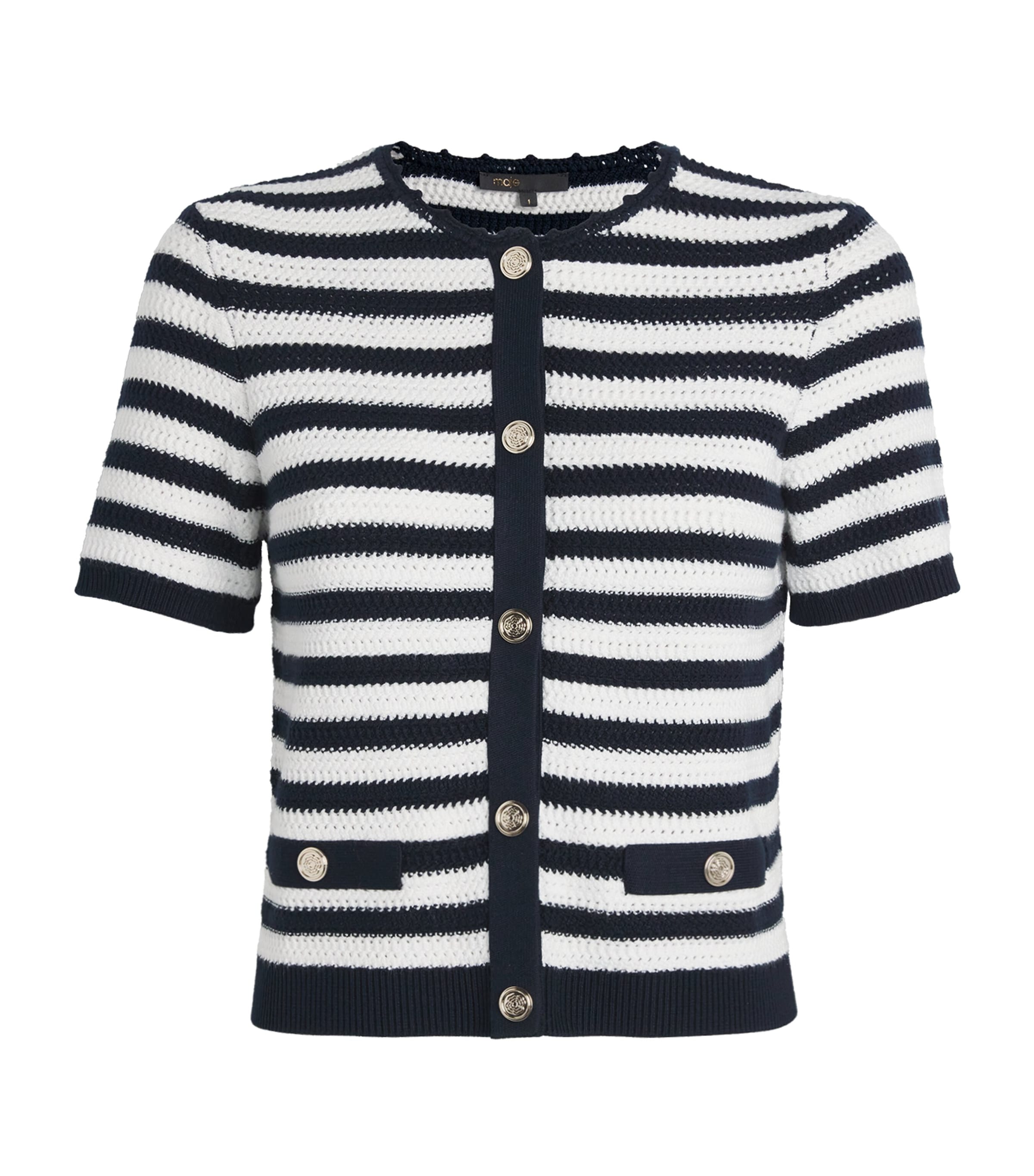 Maje Striped Short-sleeve Cardigan In Blue