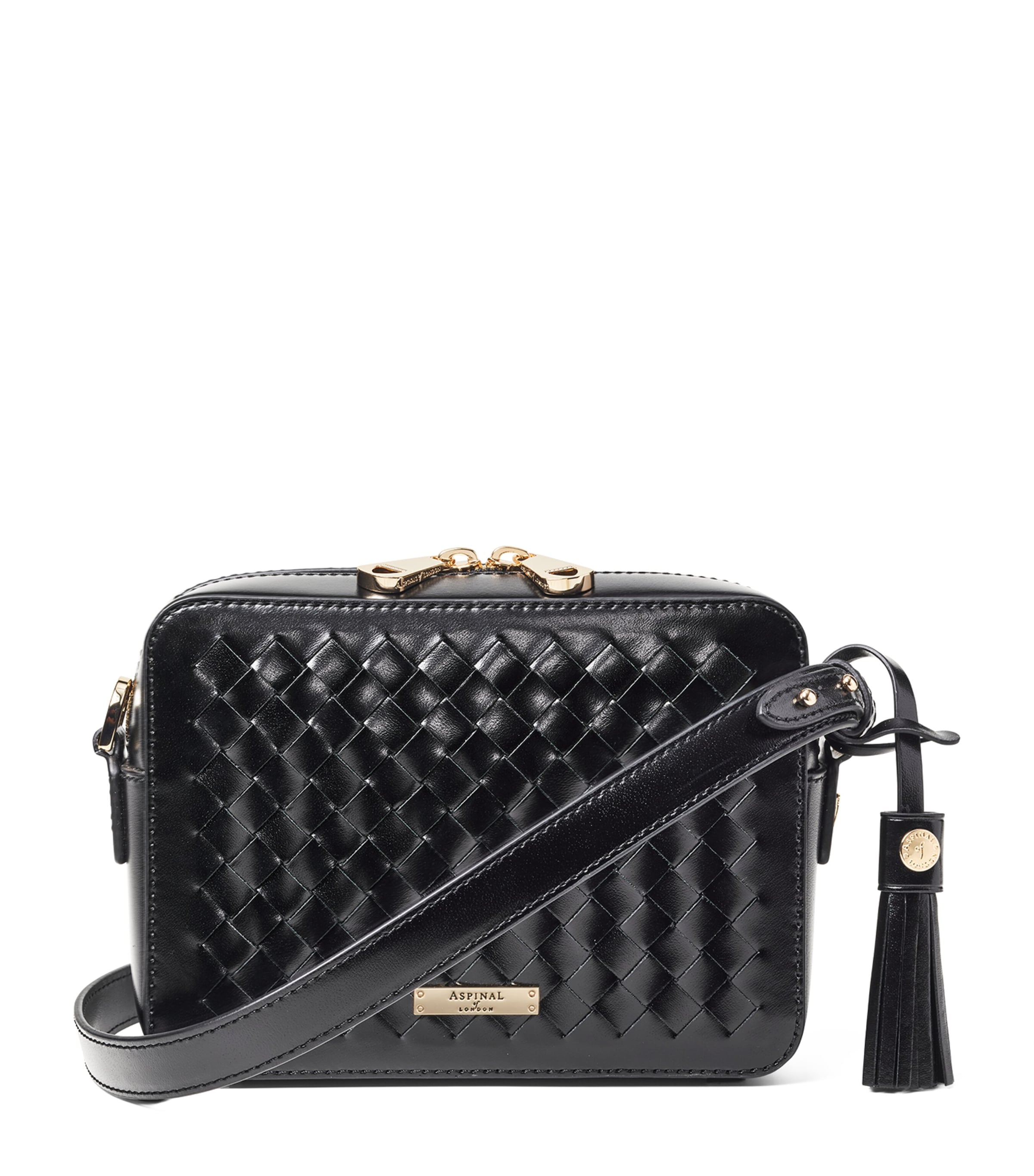 Aspinal Of London Leather Slot Weave Camera Bag In Black
