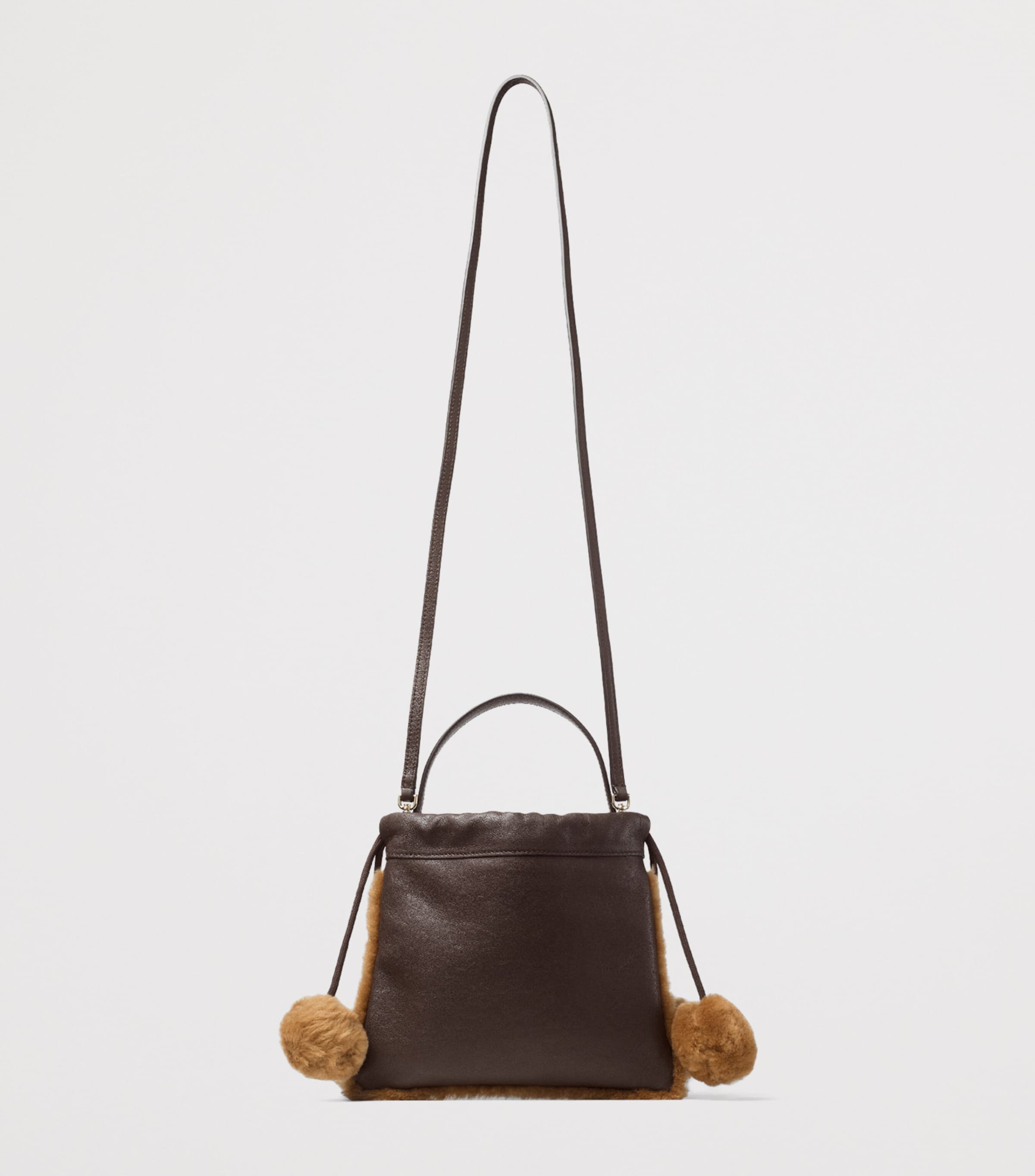 Jimmy Choo Leather Shearling-Trim Drawstring Pouch Chocolate/toffee/ecr Image 2