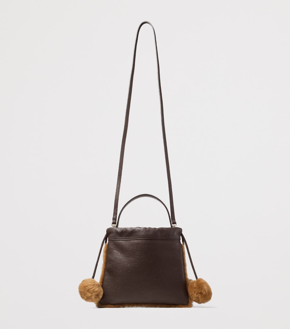 Jimmy Choo Leather Shearling-Trim Drawstring Pouch Chocolate/toffee/ecr Image 2