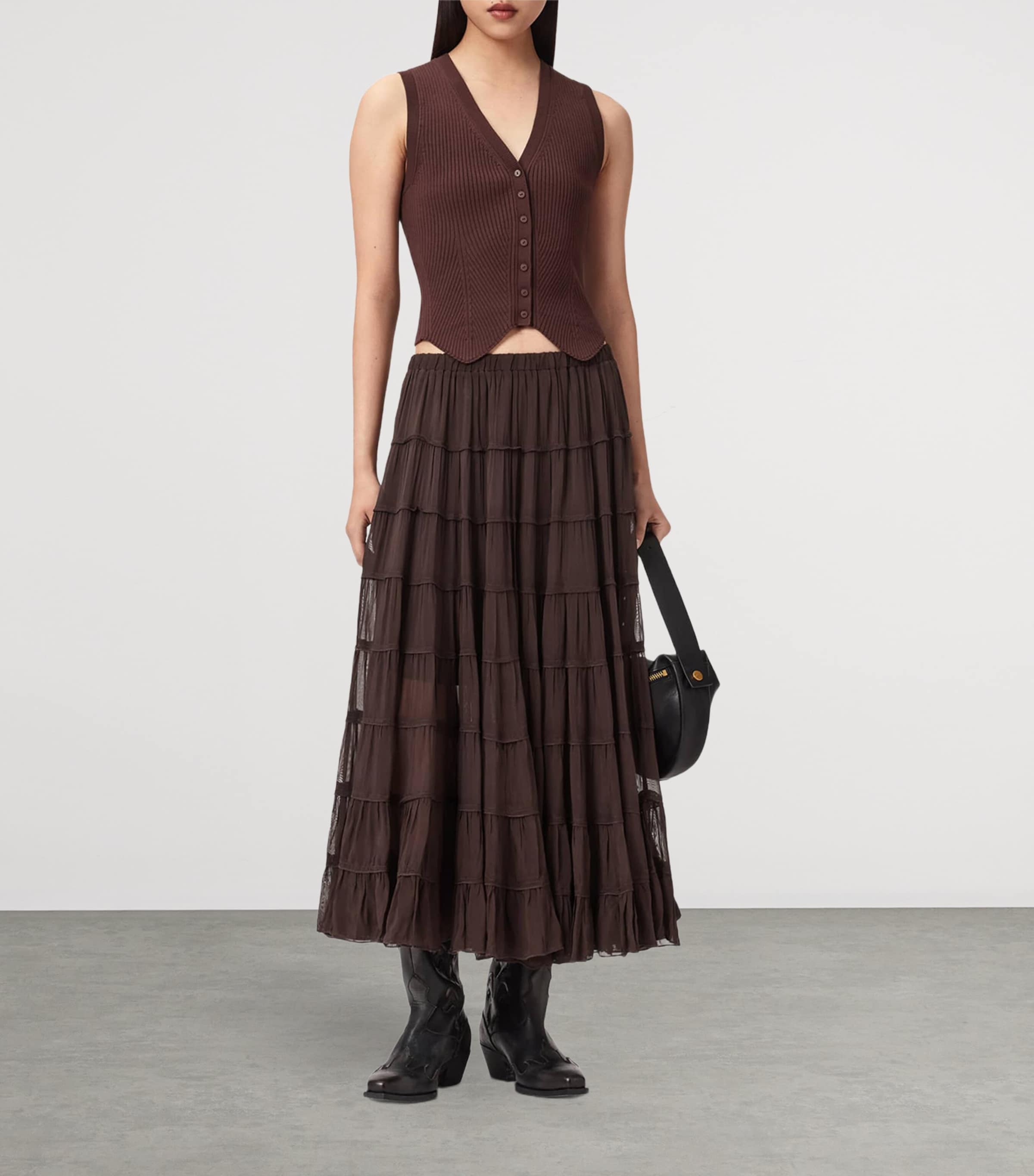 AllSaints Womens Gathered Eva Midi Skirt Bottle Brown Image 6