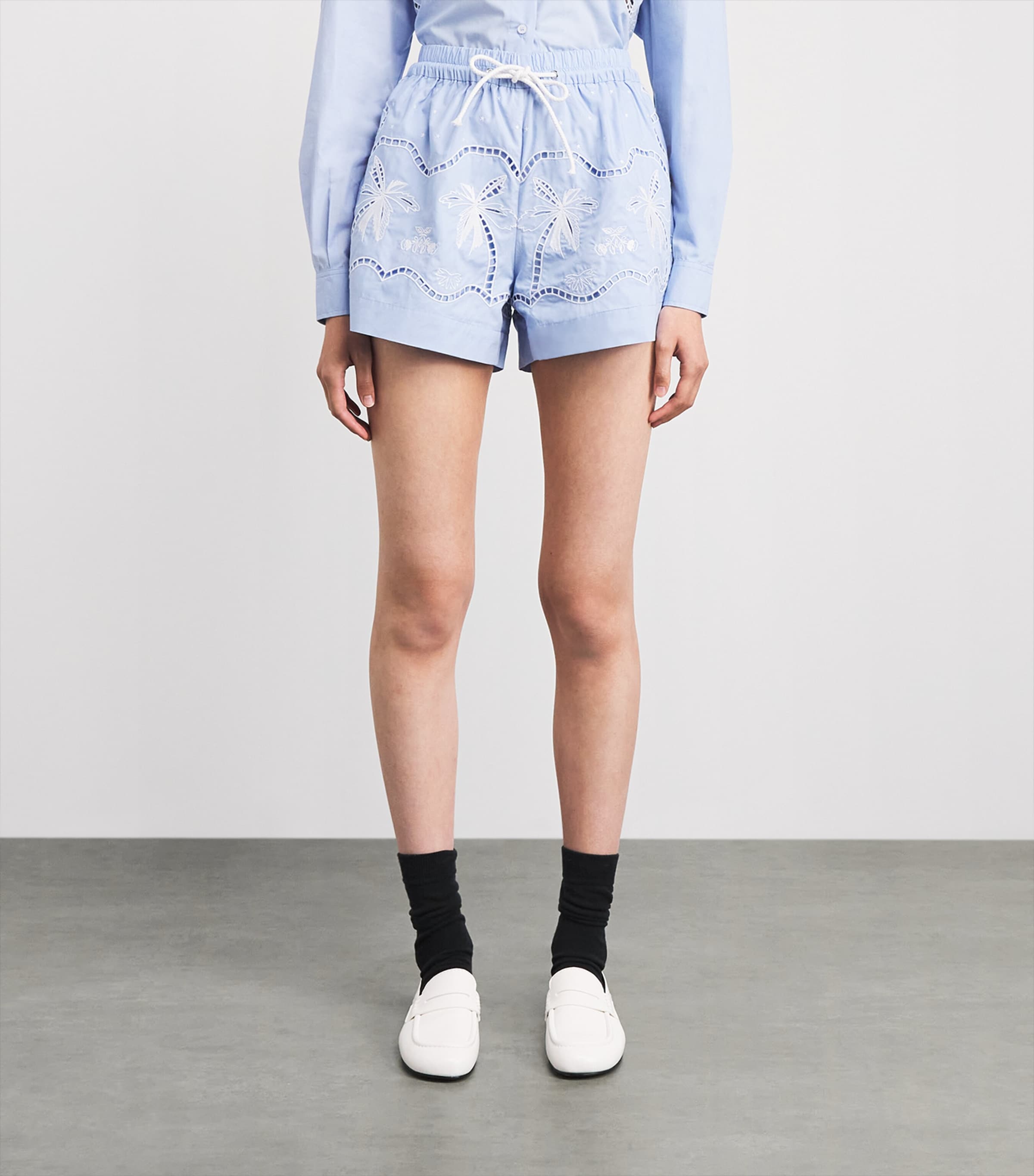 Sandro Paris Womens Cotton Embroidered Open-Work Shorts Sky Blue Image 4
