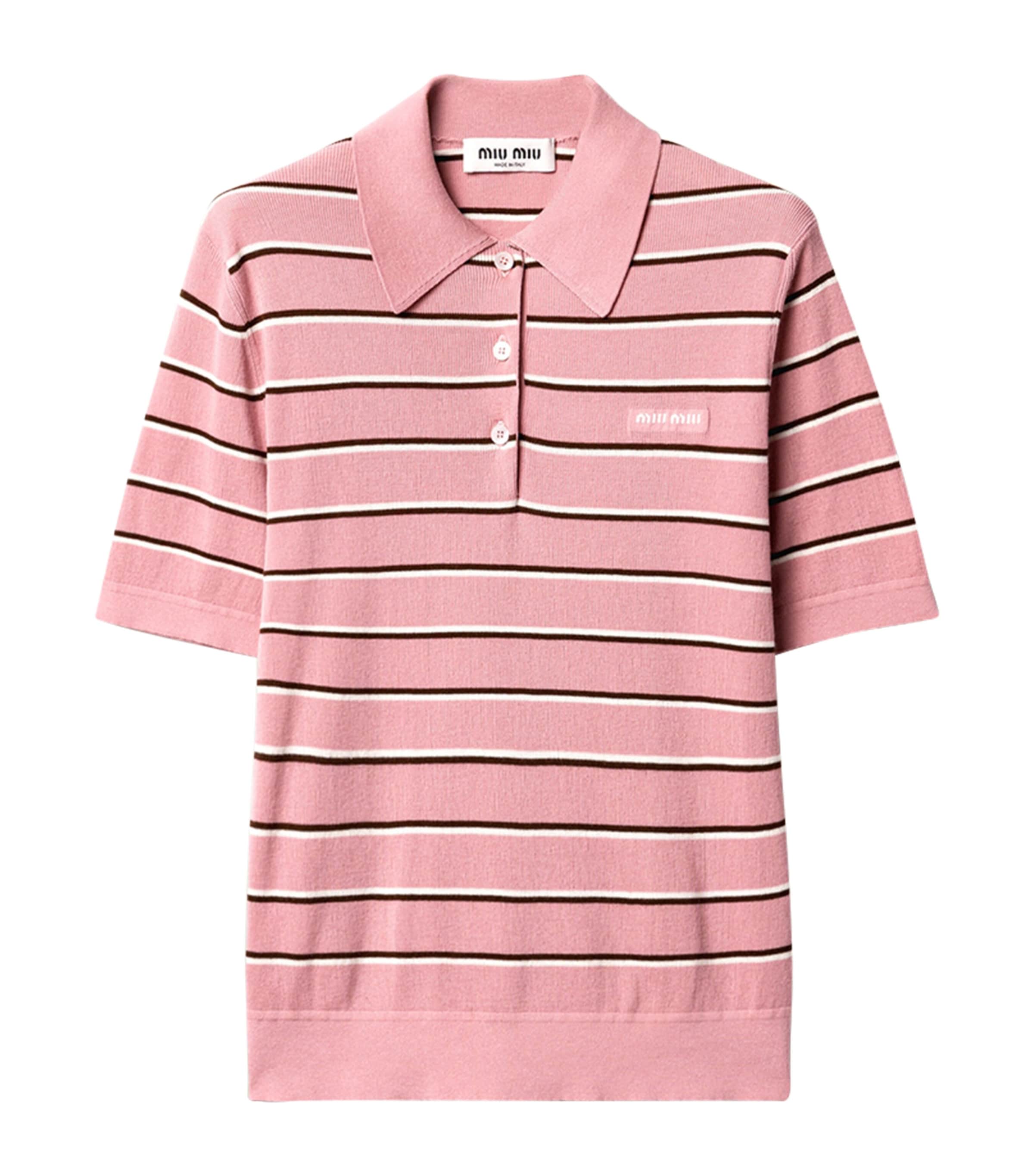 Miu Miu Womens Stretch-Cotton Stripe Polo Shirt Pink Image 1