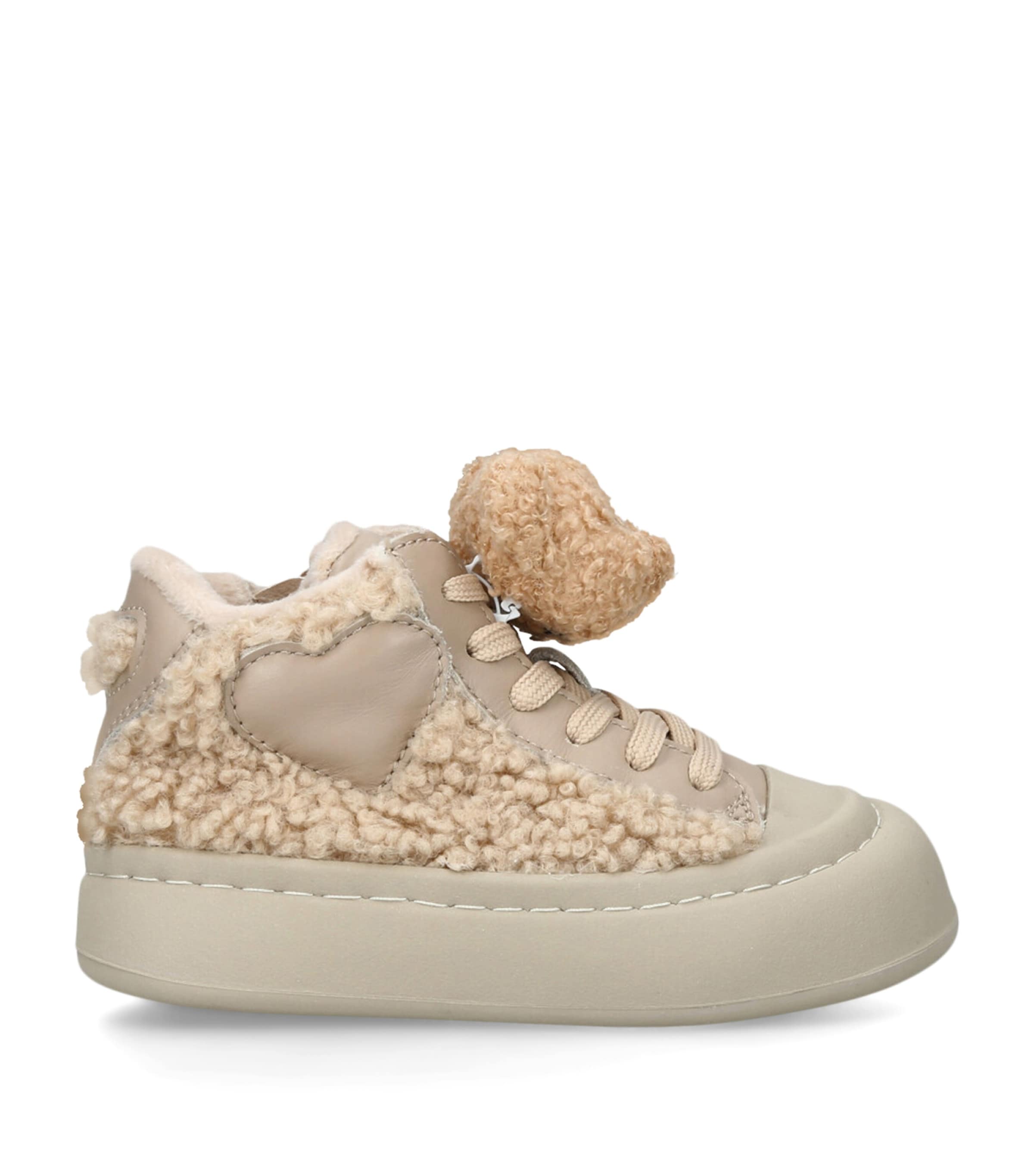 Monnalisa Faux Shearling High-top Sneakers In Neutral