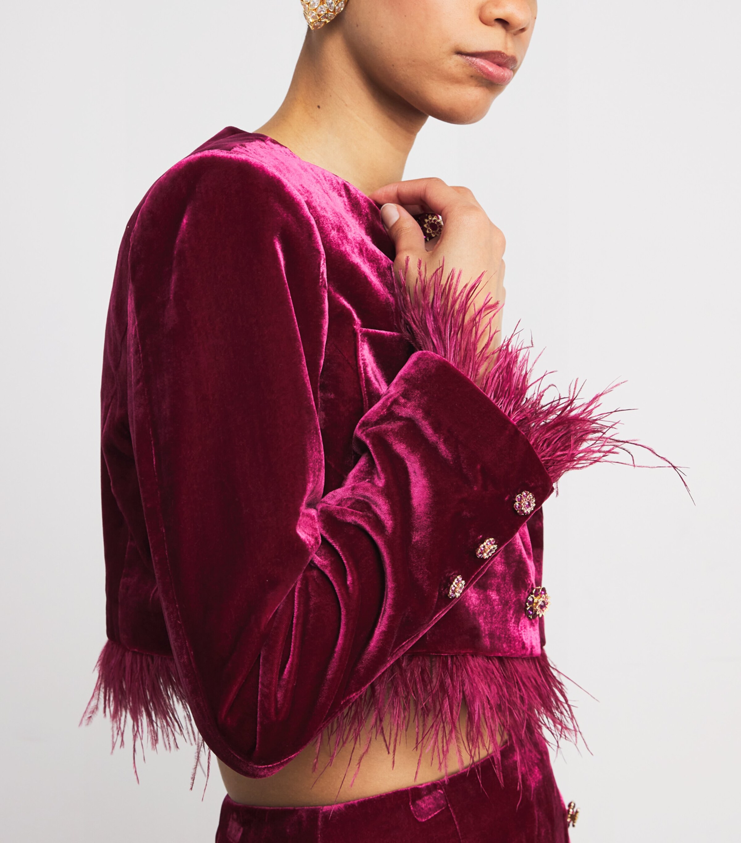 Cinq A Sept Womens Velvet Evelina Feather-Trimmed Jacket Red Plum Image 6