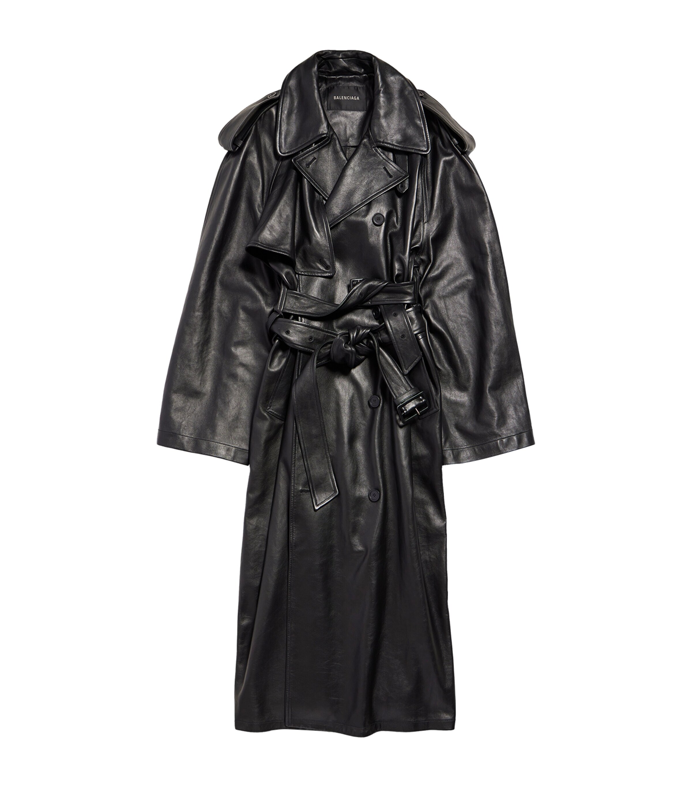 Balenciaga Black Leather Double-Belt Trench Coat | Harrods UK