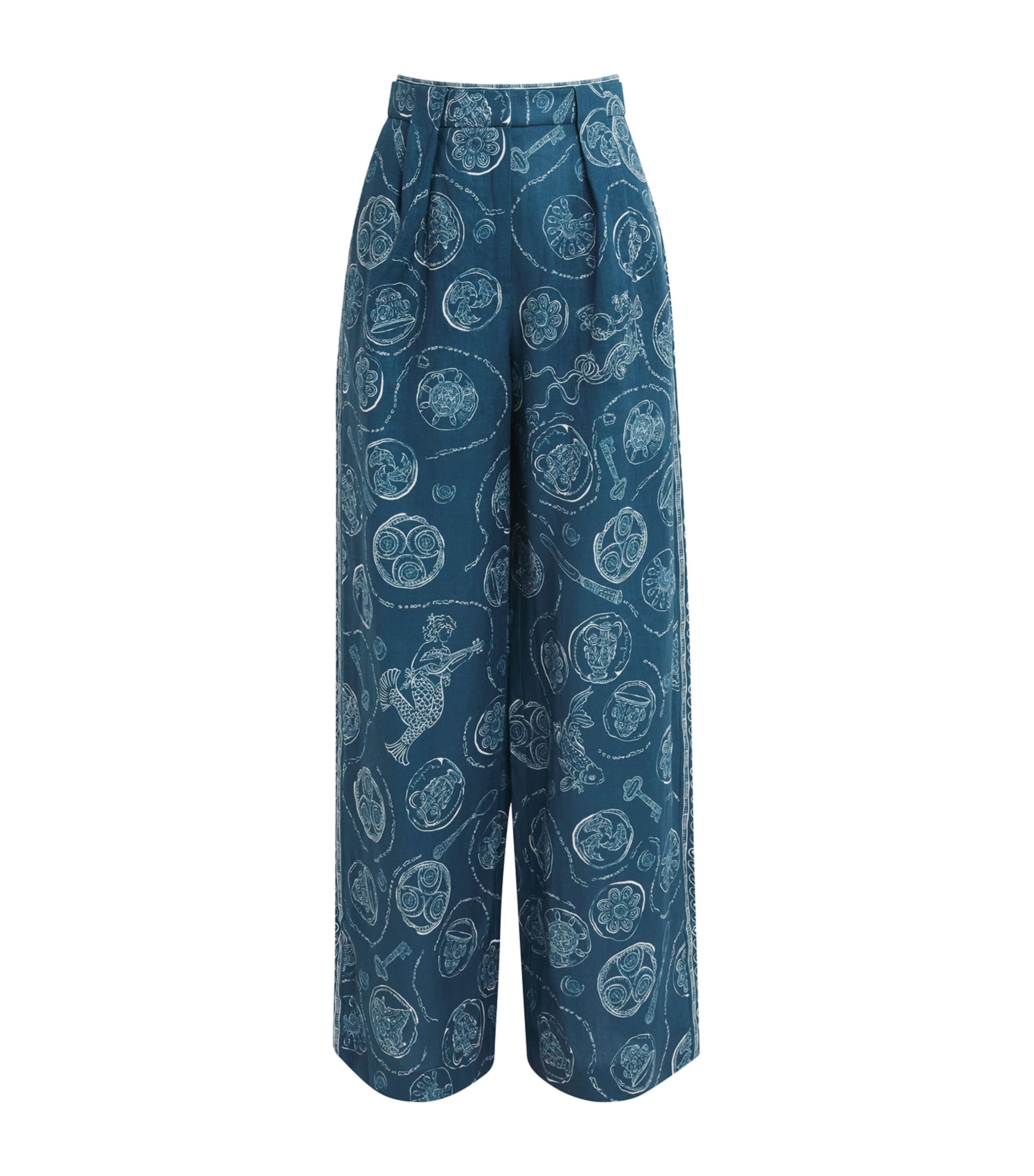 ALEMAIS Womens Linen Printed Lucky Trousers Blue Image 1