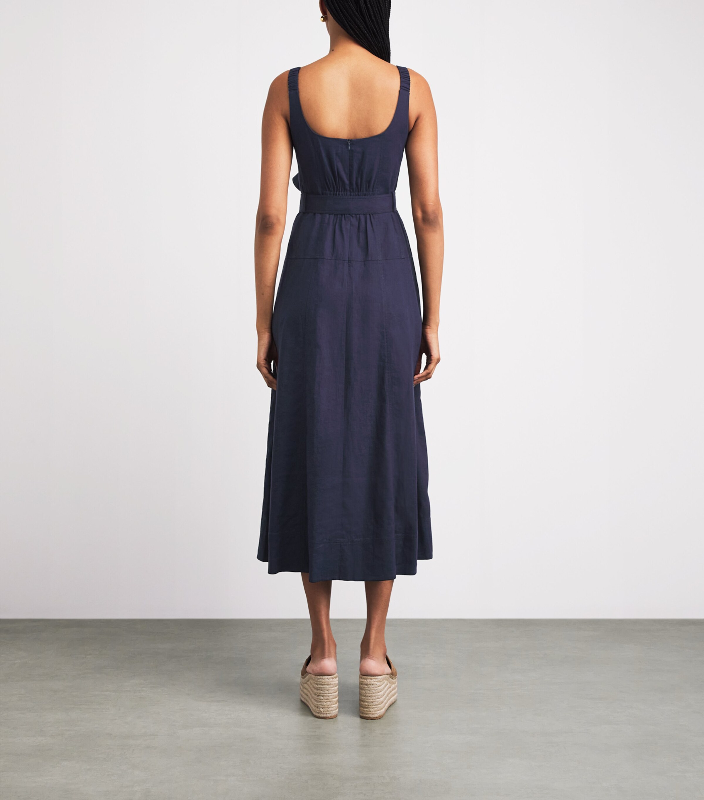 ME+EM Womens Creaseless Linen-Blend Midi Dress Navy Image 4