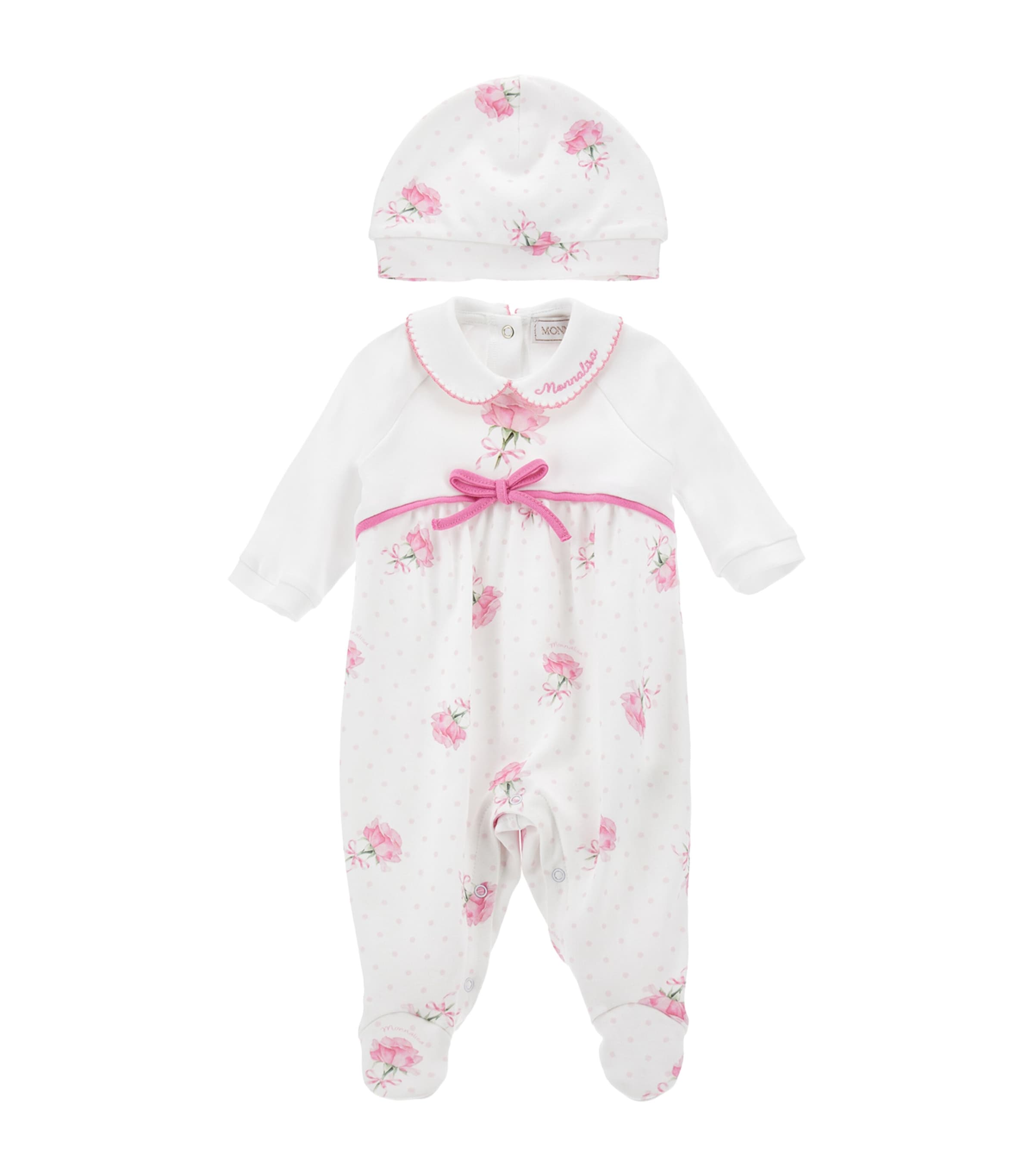 Monnalisa Cotton Floral All-in-one And Bonnet Set In White