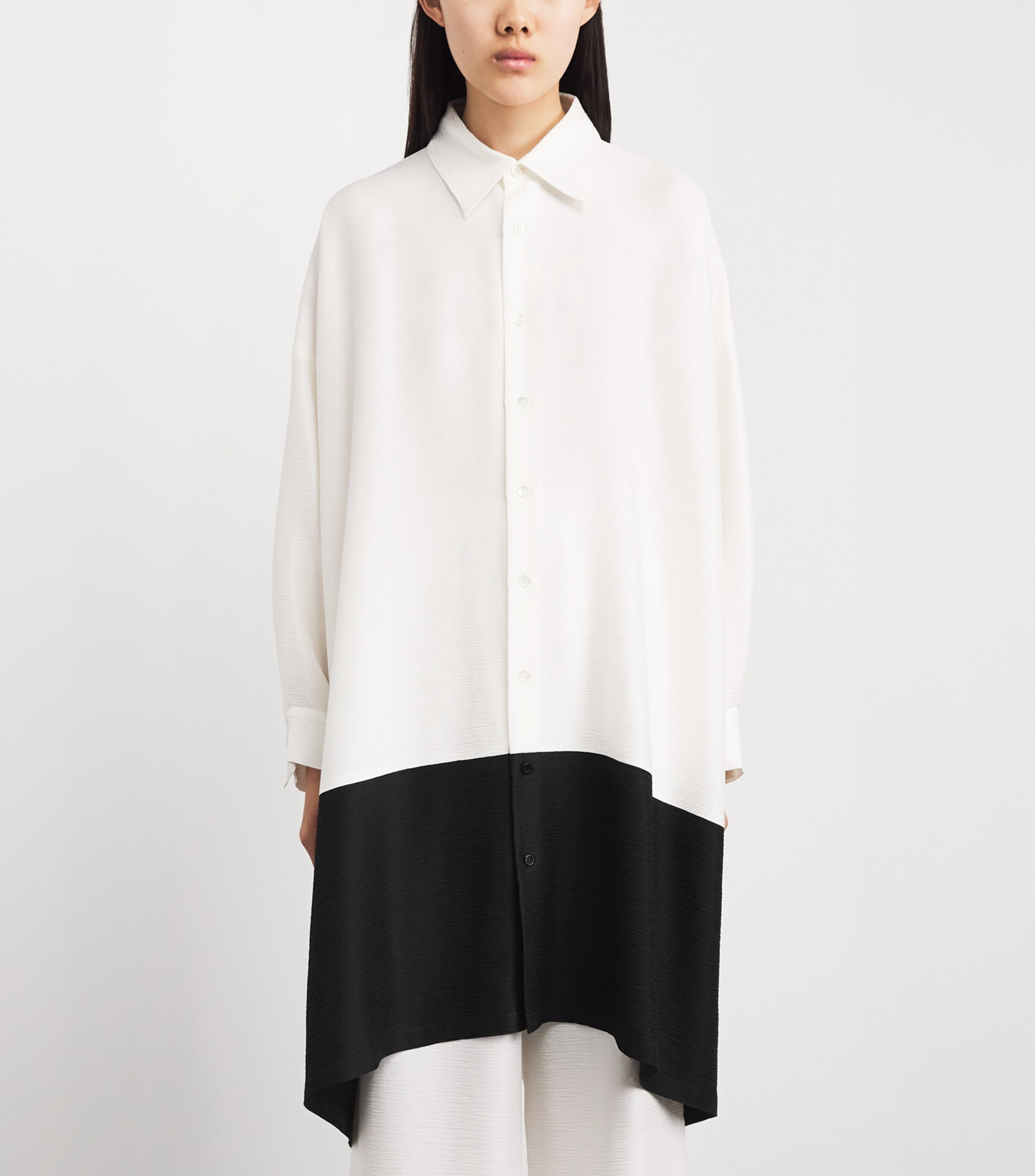 Eskandar Womens Silk Plissé Colour-Block Shirt Wh/black Image 4