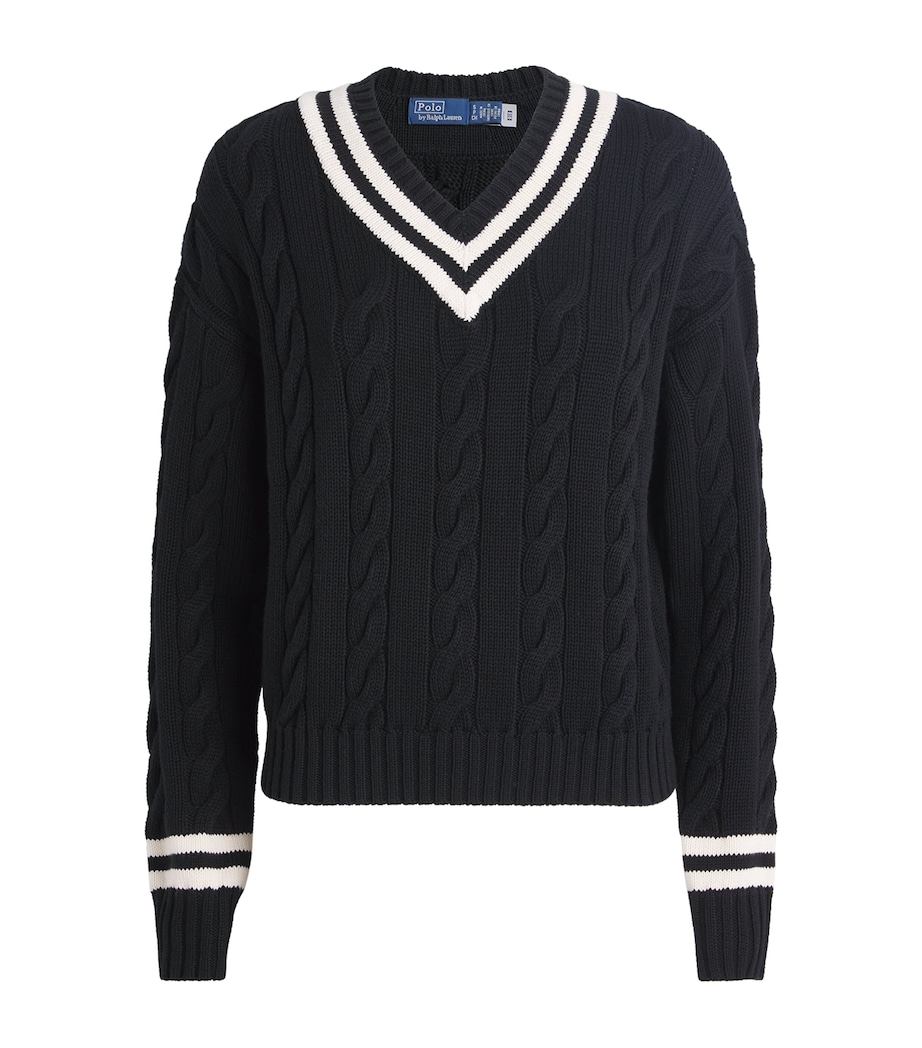 Cotton Aran-Knit V-Neck Sweater POLO BLACK/CRCKT CRM Image 1