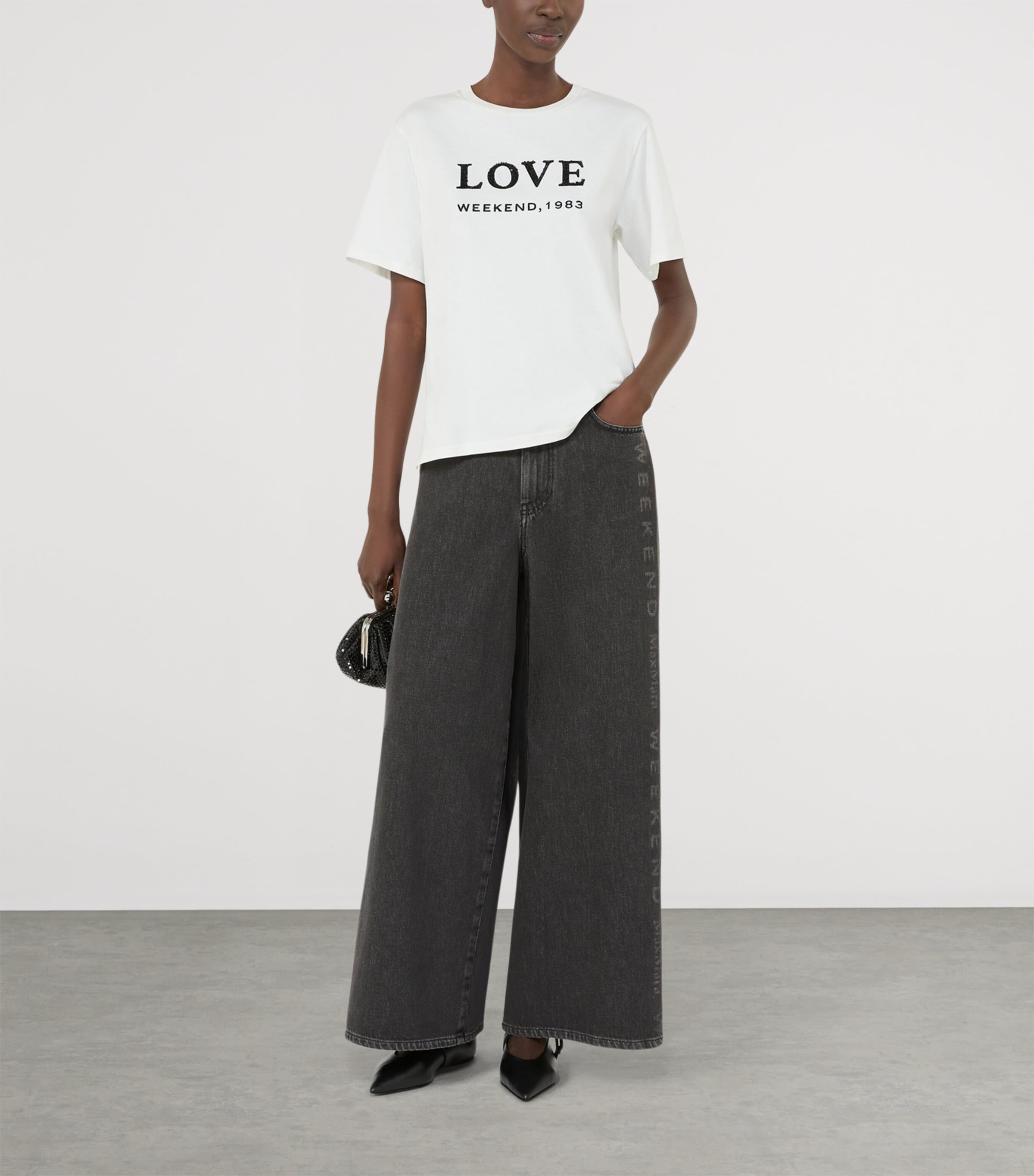 Weekend Max Mara Womens Logo-Printed Authentic Wide-Leg Jeans Black Image 2