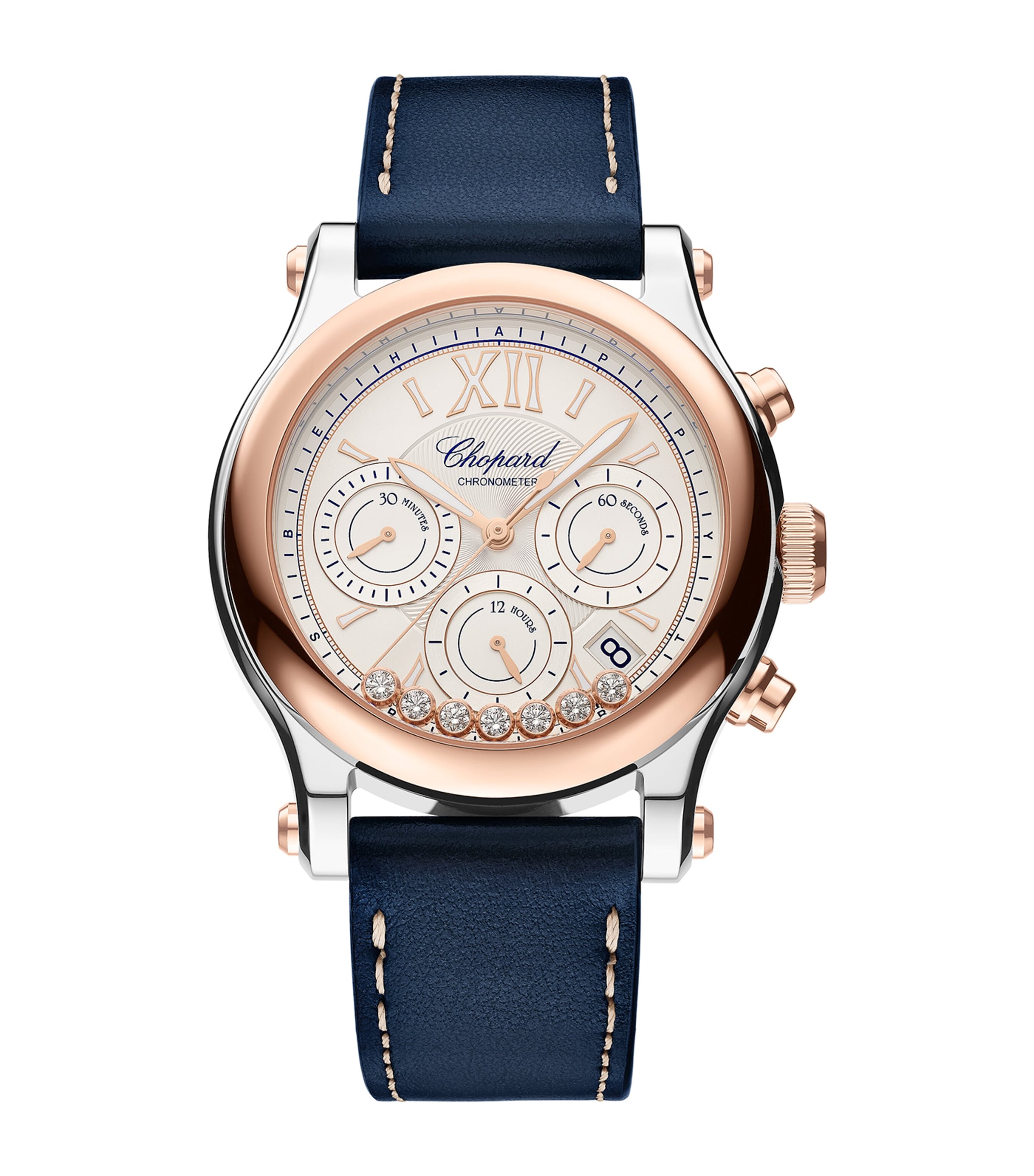 Chopard Rose Gold And Diamond Happy Sport Chrono Watch In Blue