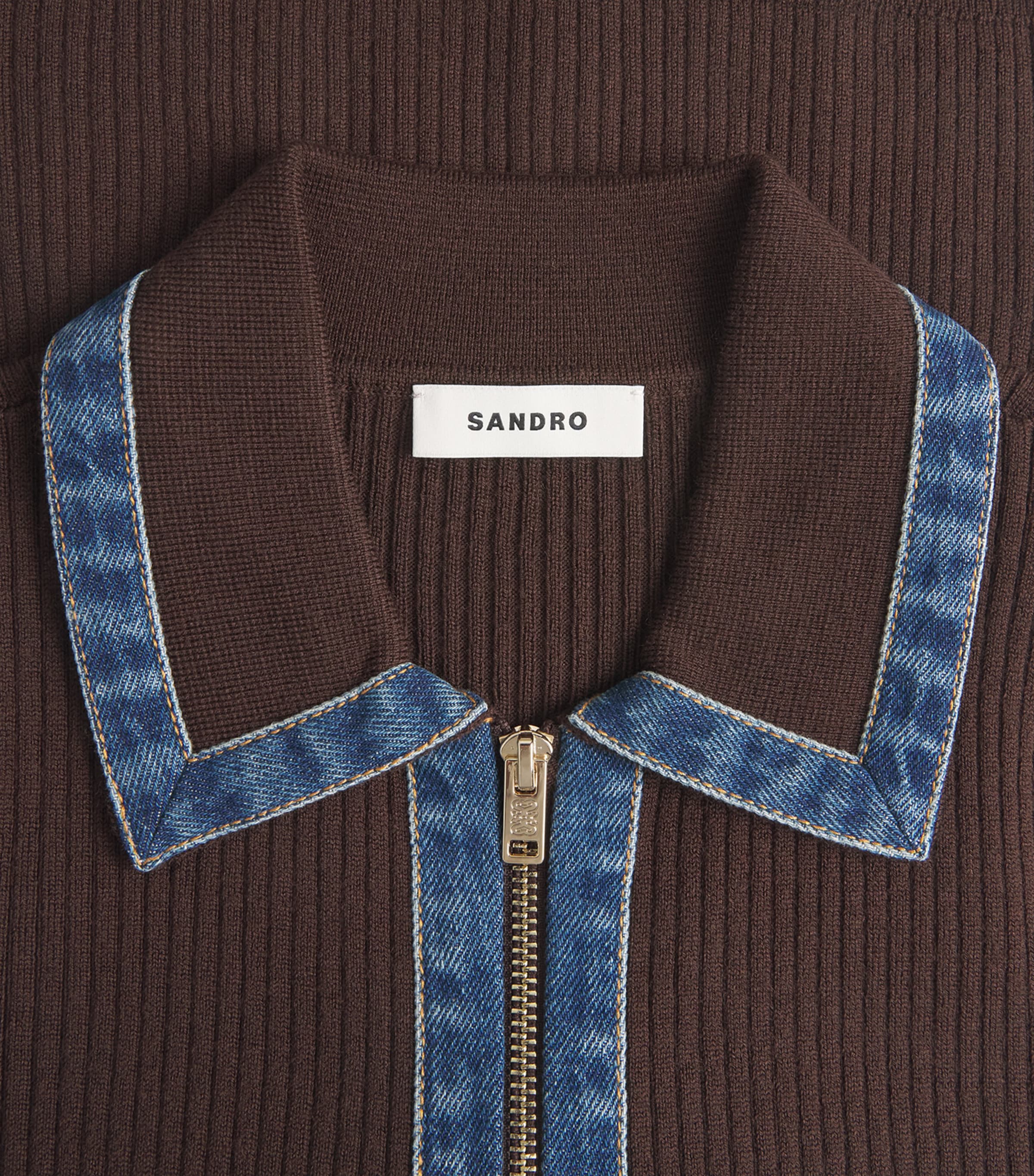 Sandro Paris Womens Knitted Denim-Collar Polo Shirt Brown Image 6