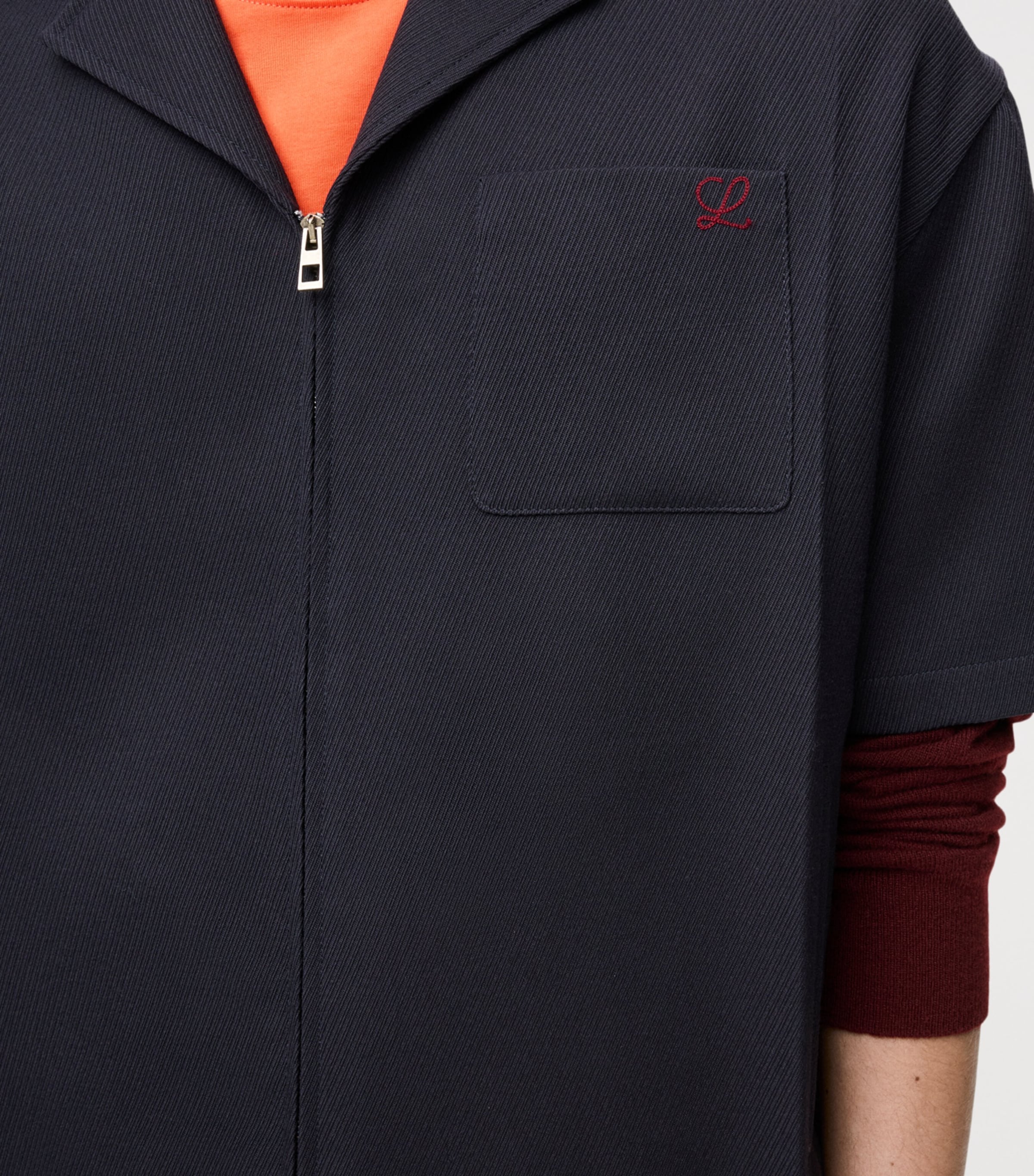 Wool Short-Sleeve Zip-Up Shirt DARK NAVY BLUE Image 5