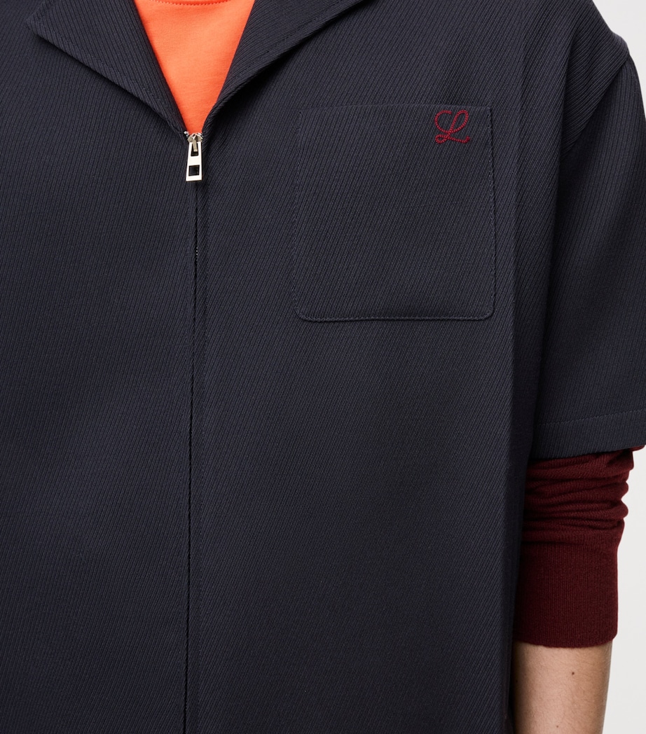 Wool Short-Sleeve Zip-Up Shirt DARK NAVY BLUE Image 5