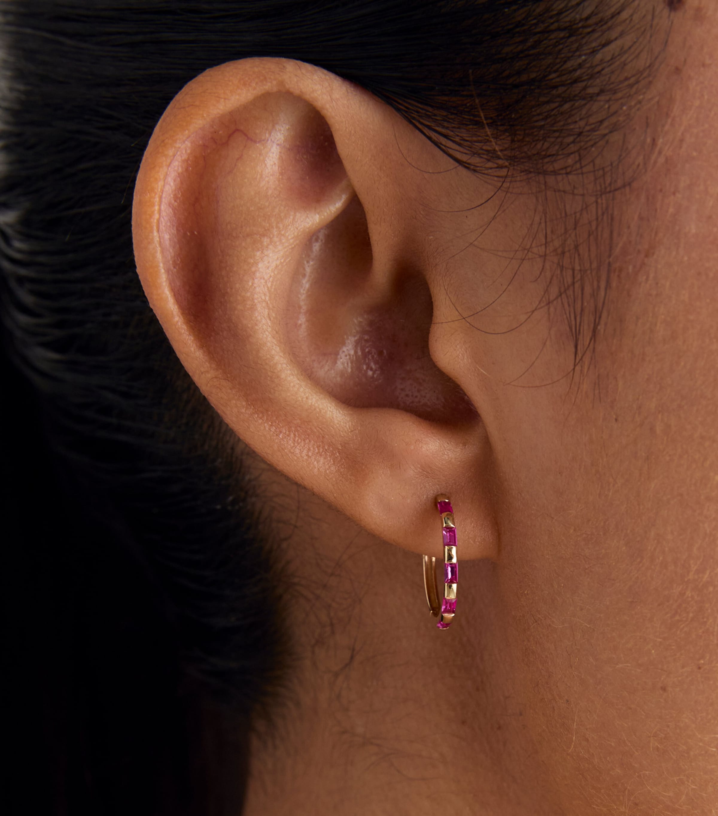 Yellow Gold and Pink Sapphire Baguette Hoop Earrings GOLD Image 2