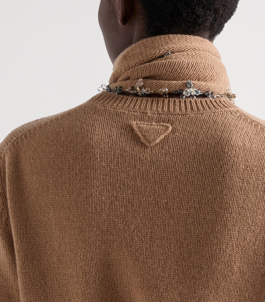 Prada Womens Cashmere Embellished Scarf-Detail Sweater Brown Image 4