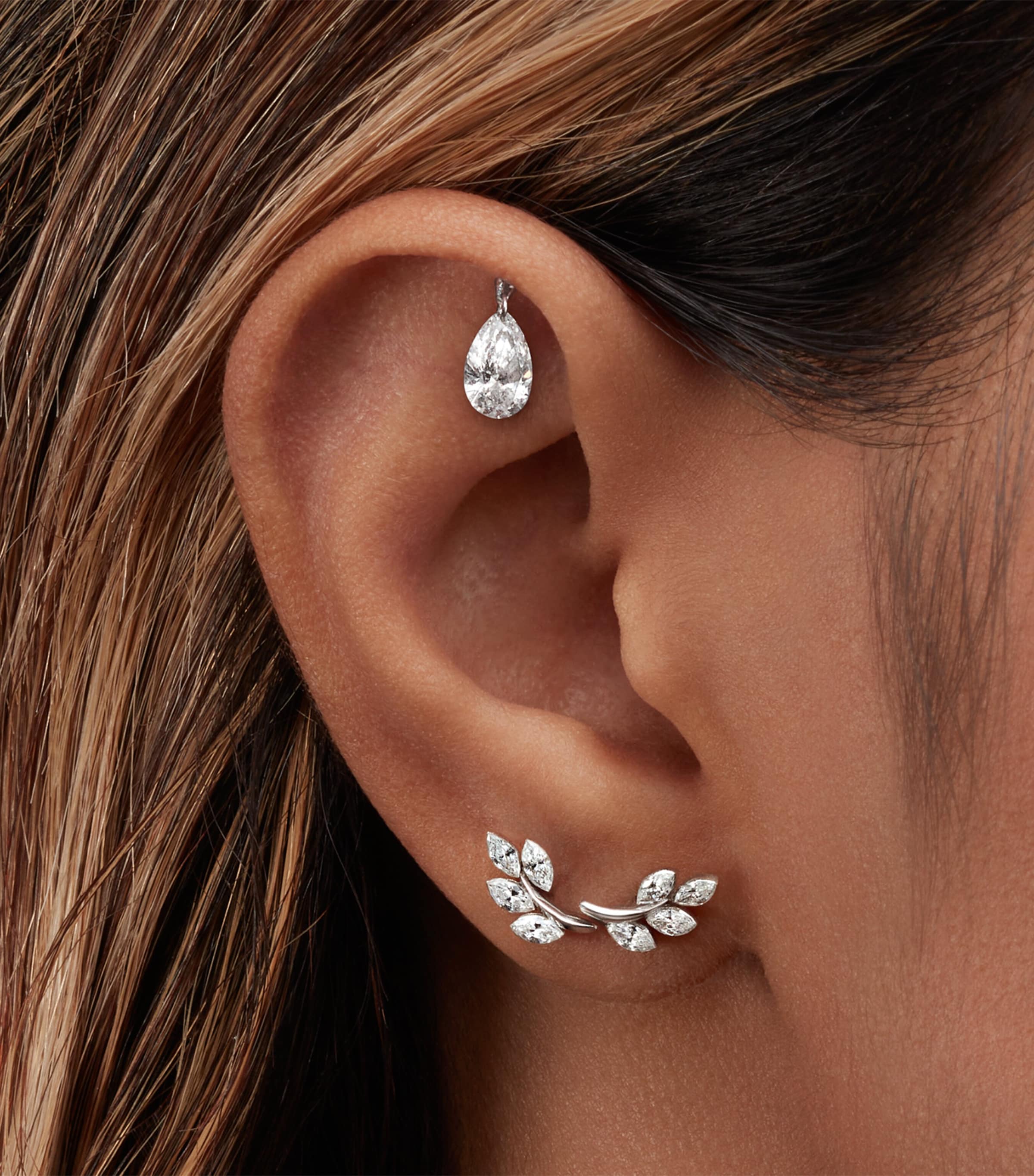 White Gold Floating Pear Diamond Charm Threaded Stud Earring (6mm) WHITE GOLD Image 2