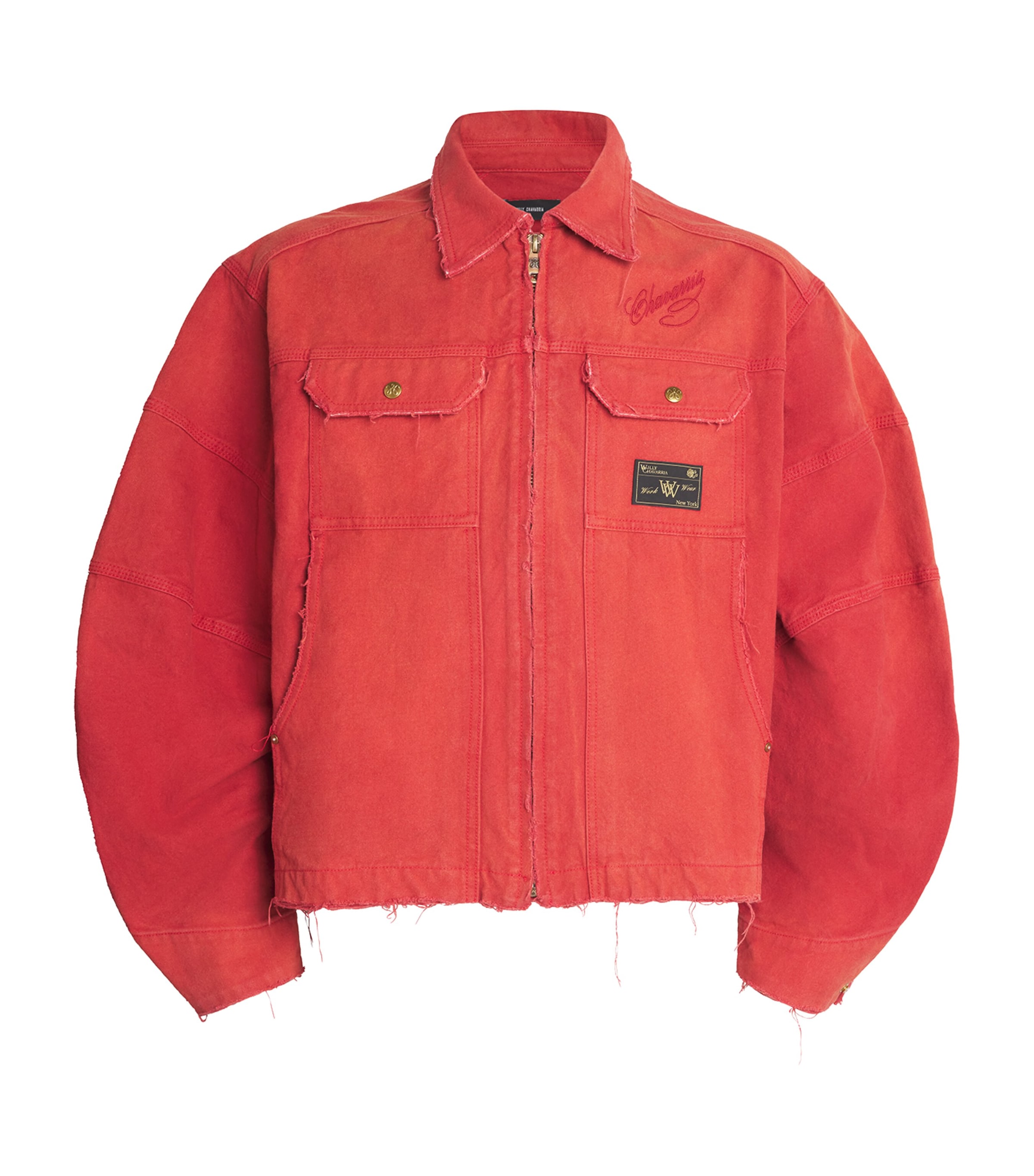 Willy Chavarria Stockton Cropped Logo-detailed Distressed Denim Jacket In Red