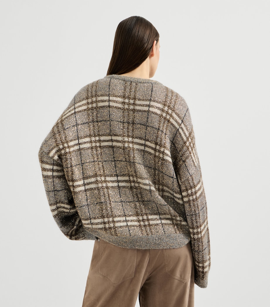 Brunello Cucinelli Womens Sequin Check Sweater Grey+brown Image 3