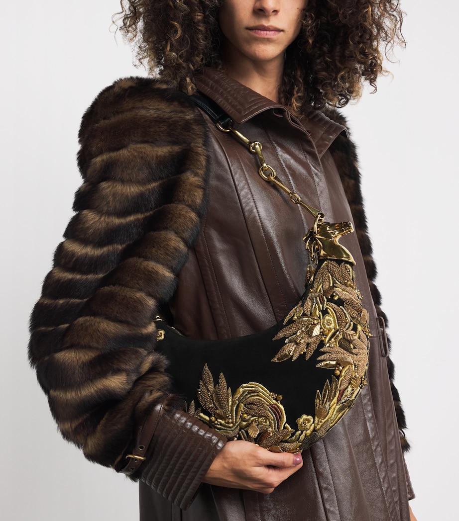 Suede Embellished Horse Shoulder Bag BLACK Image 2