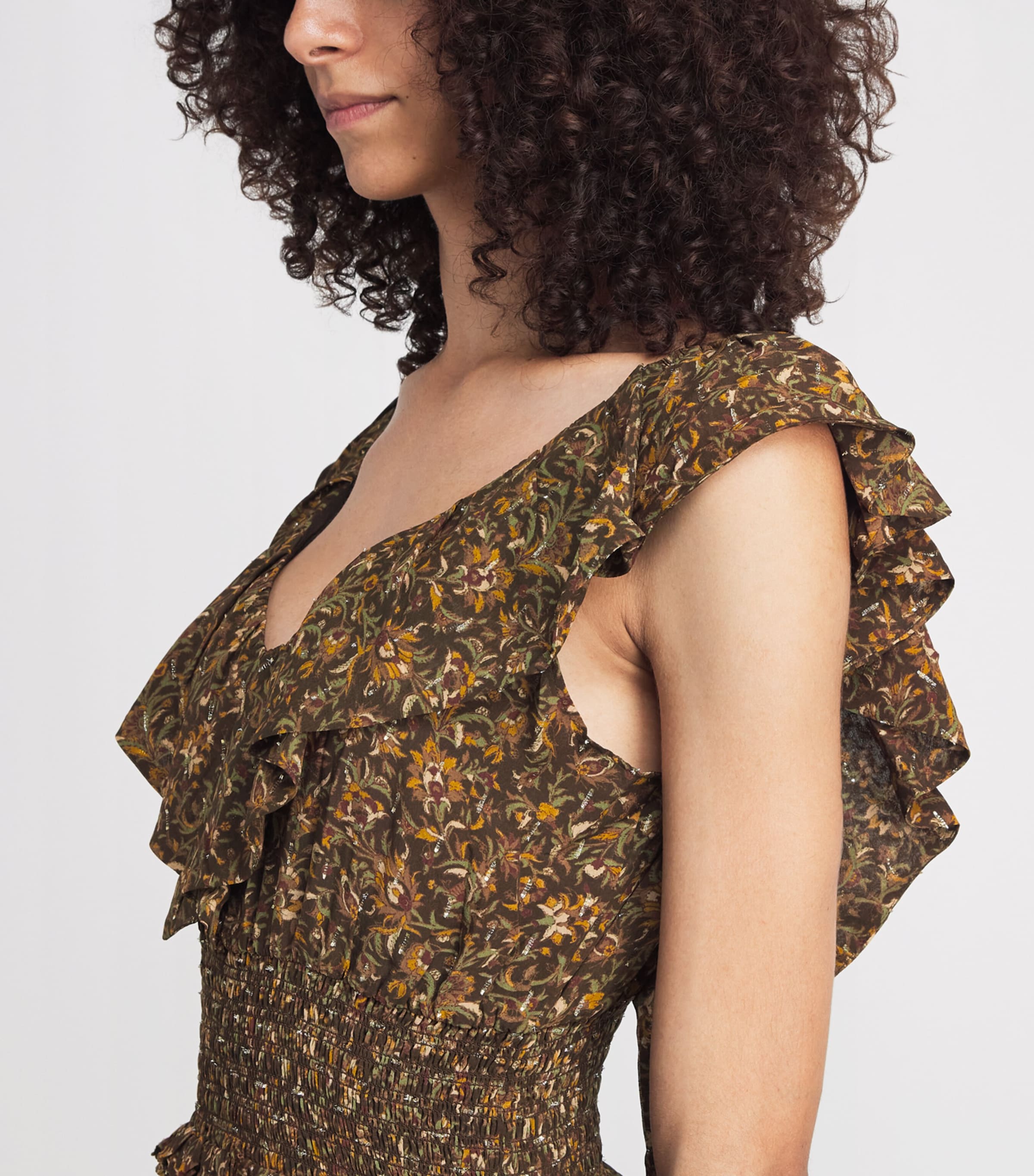PAIGE Womens Silk-Blend Ruffle Floral Midi Dress Hickory Multi Image 3
