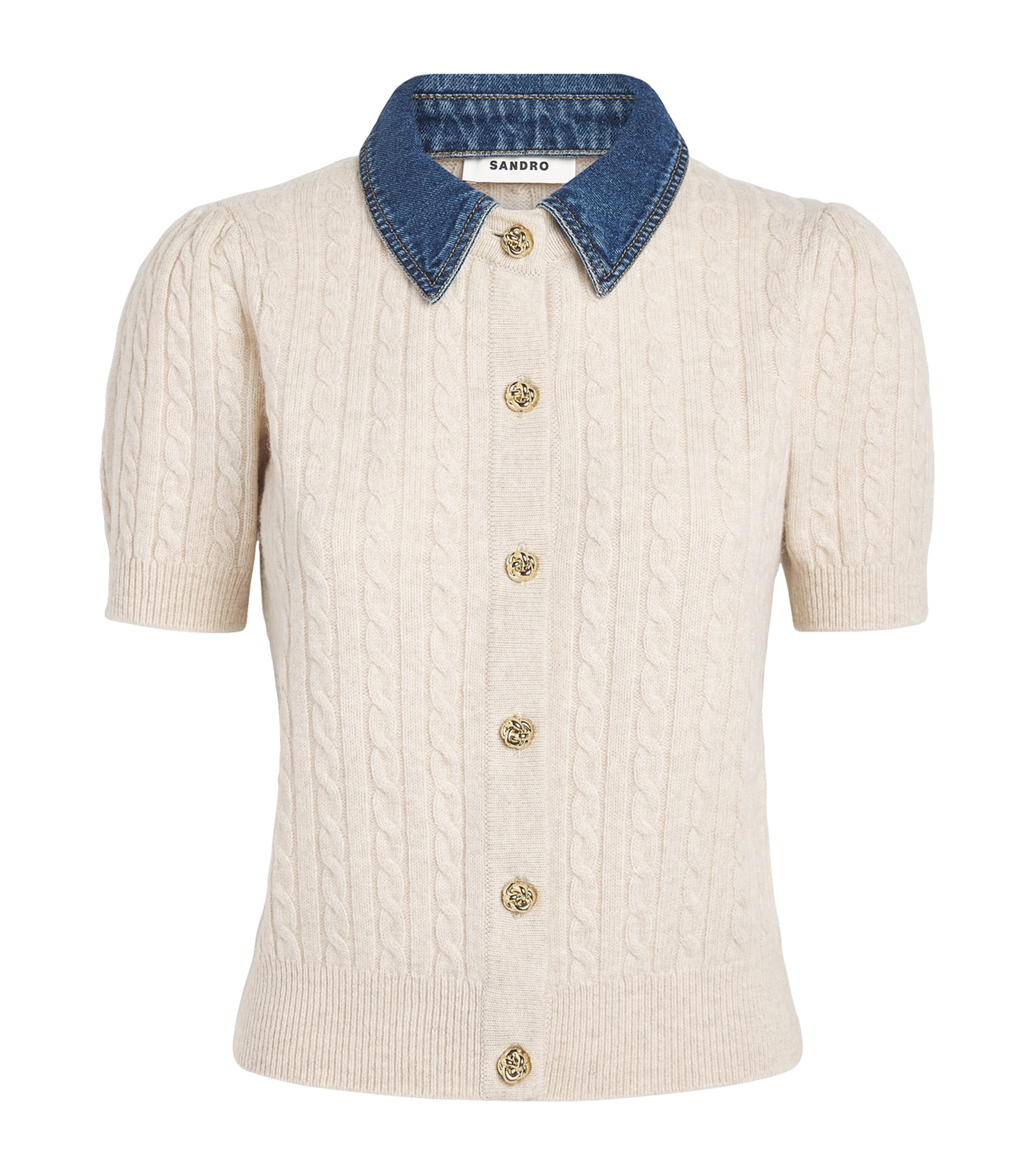 Sandro Paris Womens Wool-Cashmere Denim-Collar Cardigan Beige Image 1