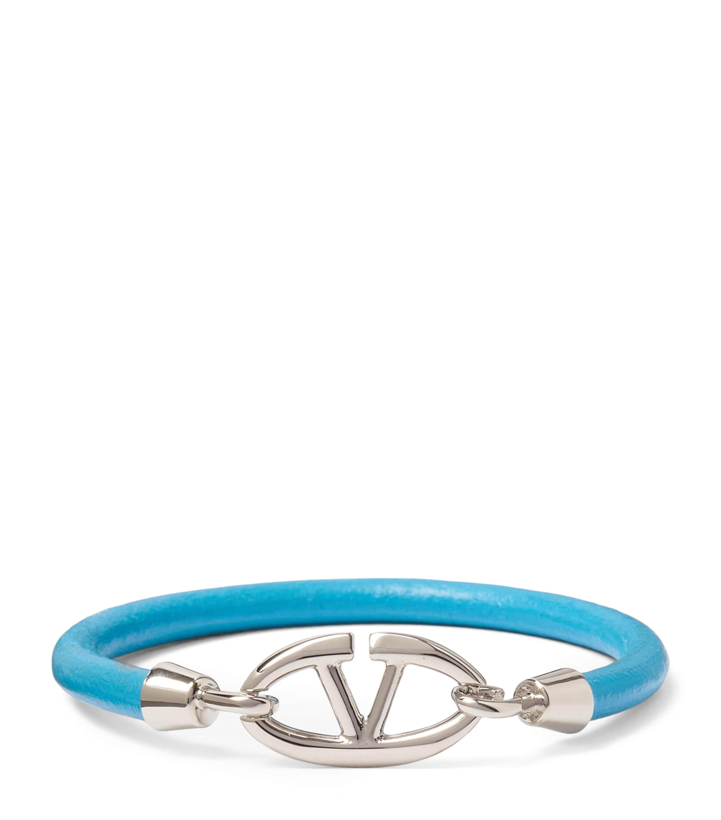 Valentino Garavani Leather The Bold Edition Vlogo Bracelet In Turquoise