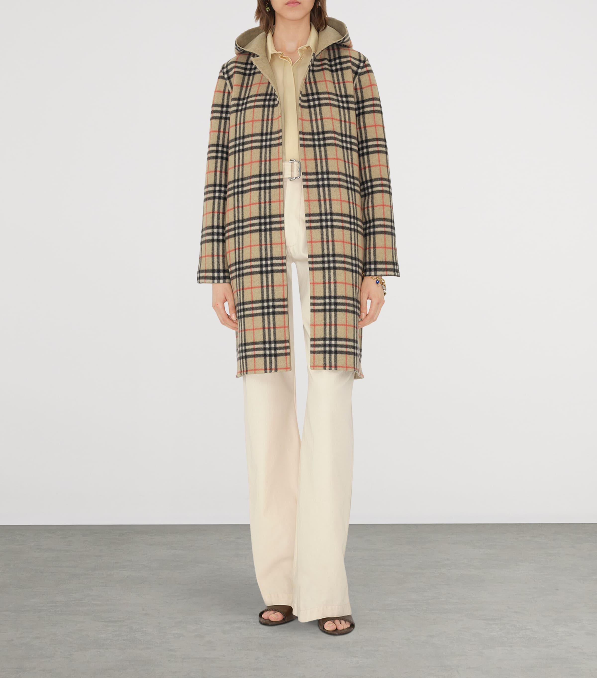 Wool  Reversible Hooded Wrap Coat SAND IP CHECK Image 3